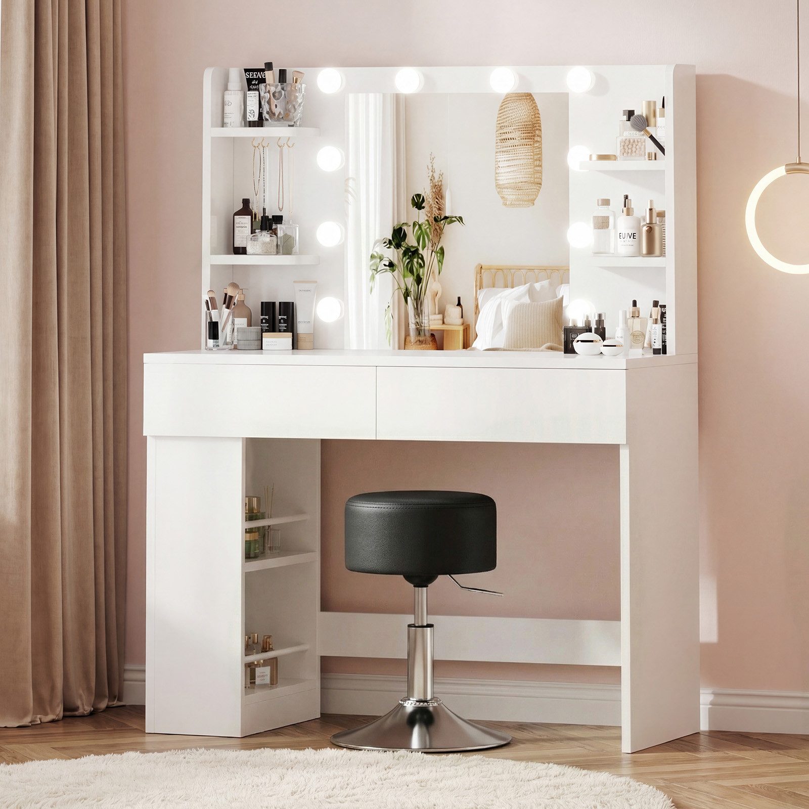 HOMALL Schminktisch mit Spiegel, LED-Beleuchtung, einstellbare Helligkeit, ostern (Langex Brete x Hthe) 90/110 x 40x 135 cm. B ofene Facher (2 seitiche Facher sind nach inks und rechts verschiebban. 2 groBe Schubladen)