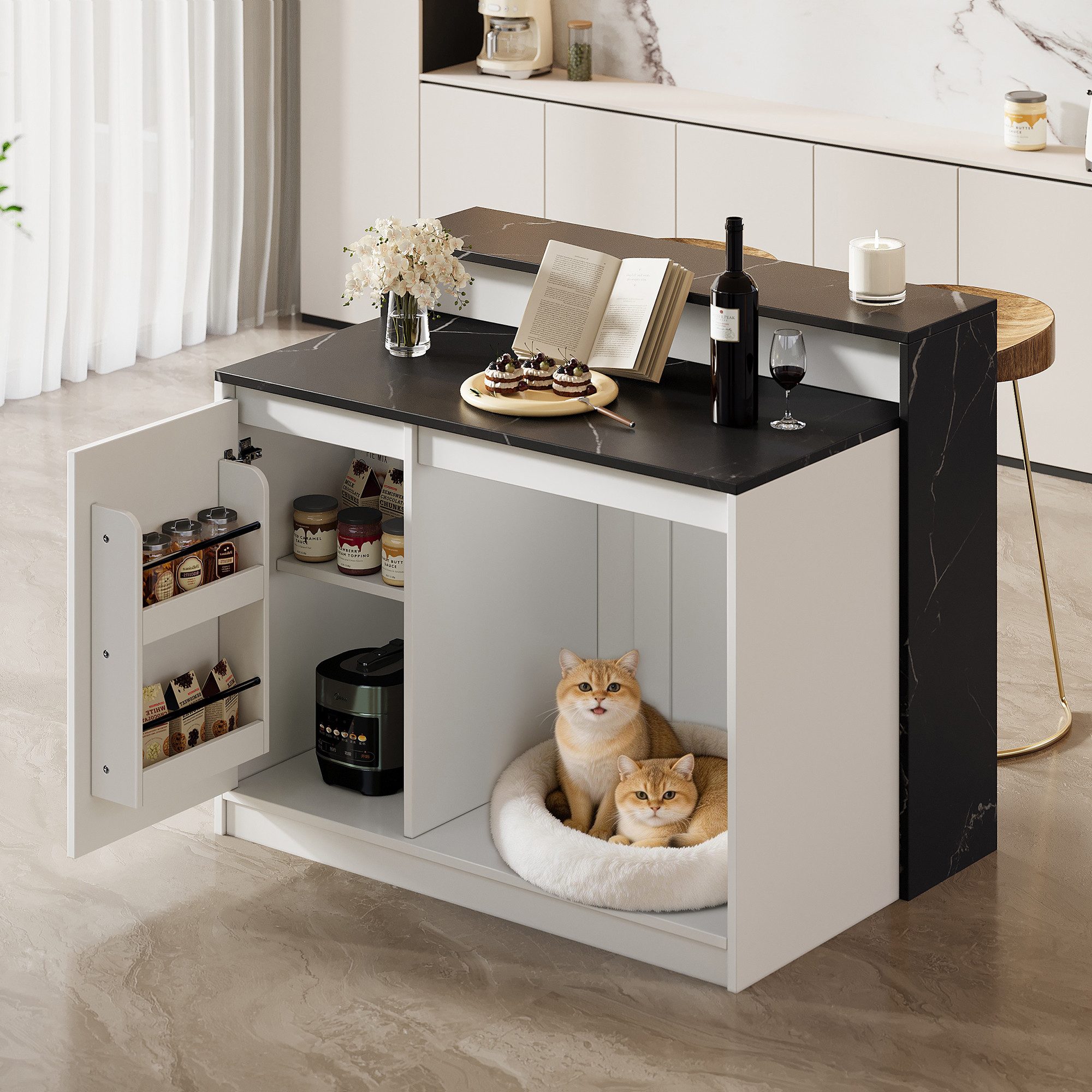 Flieks Kücheninsel Marmoroptik Schwarz & Weiß, (120x80x100 cm), Küchenschrank mit Bartisch, Türablagen und Haustierruhebereich