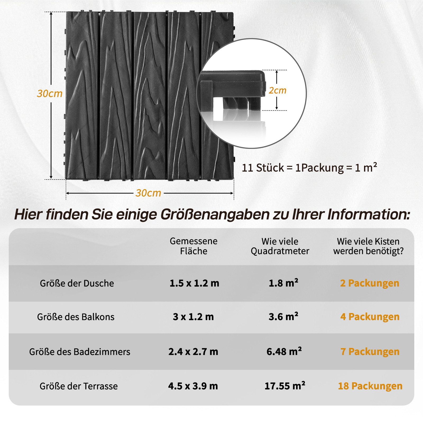 LEADZM Terrassendielen Terrassenfliesen 55er Set, Kunststoff, 30 x 30 x 2 cm, 5,00 m², BxL: je 30,00x30,00 cm, 2,00 mm Stärke, (55-St), Bodenbelag für Balkon &  – Bild 5 von 5