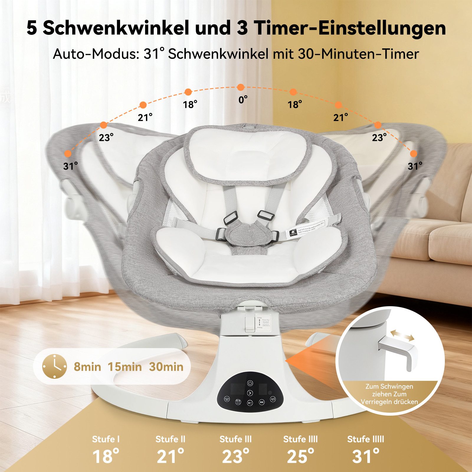 oyajia Baby Bouncer Electric Baby Swing Bluetooth Music, with 5 Speeds of Swing, Mosquito Net, Remote Control, max. 9kg