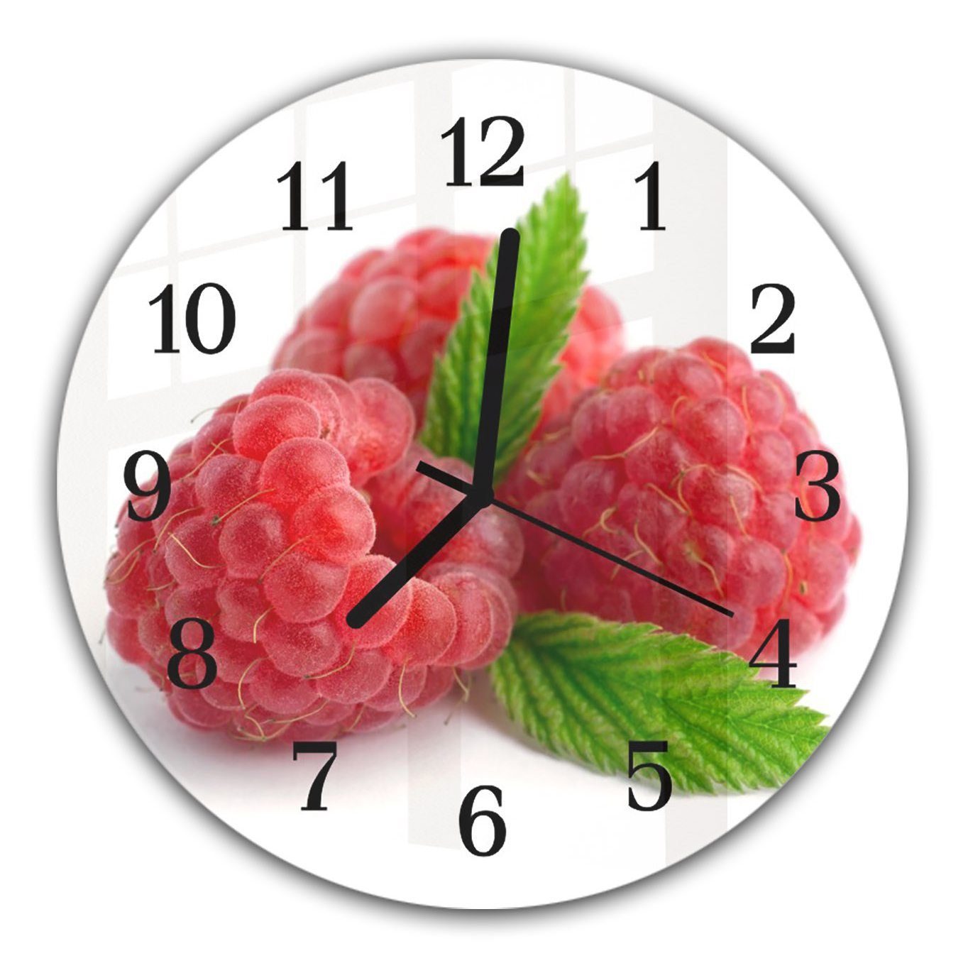 Primedeco Wanduhr Wanduhr aus Glas mit Motiv Himbeeren mit Zweigen - Rund mit Durchmesser 30 cm und Quarzuhrwerk