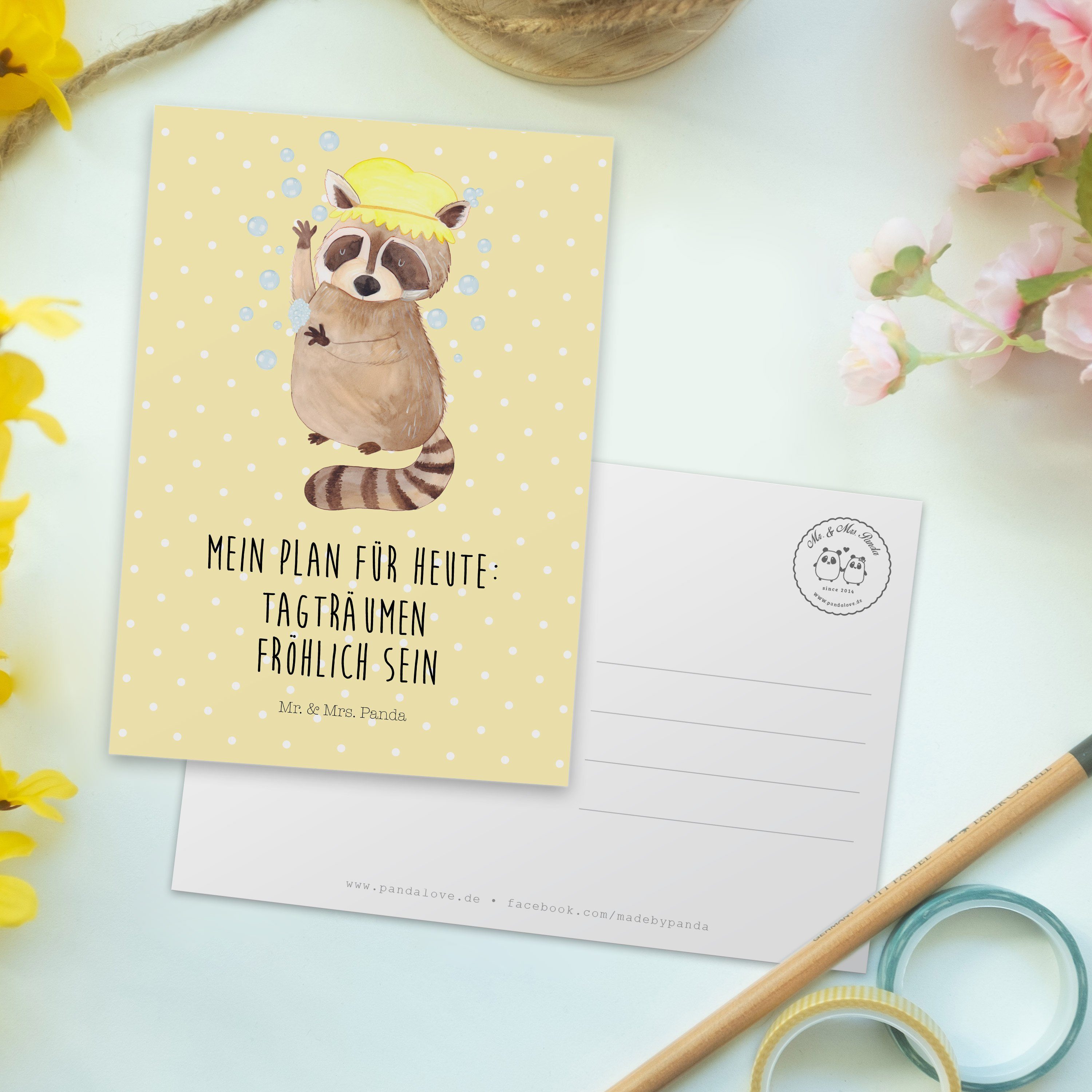 Mr. & Postkarte Panda - Pastell Gelb Tagträ Laune, Waschbär Gute Geschenkkarte, - Mrs. Geschenk