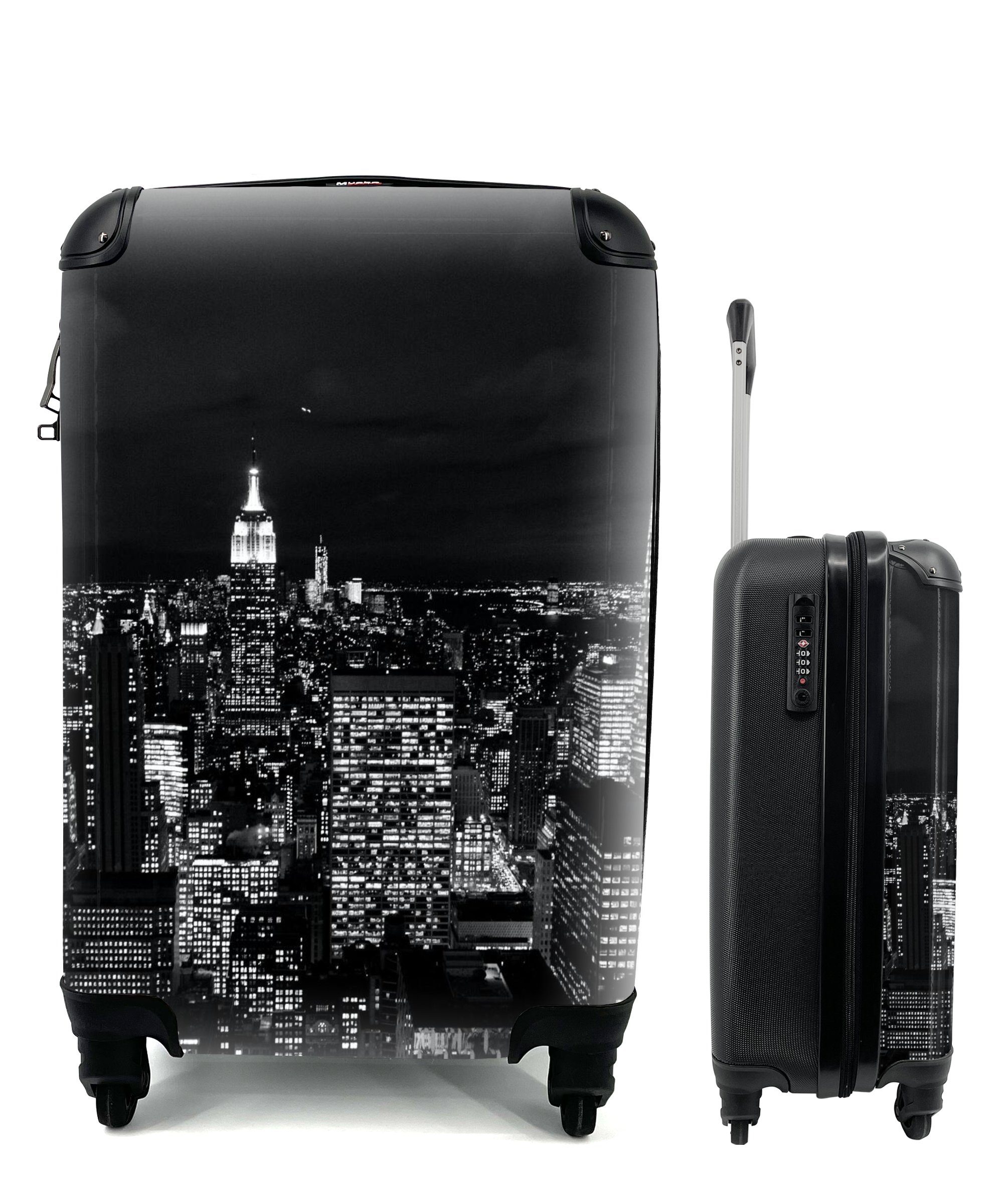 MuchoWow Handgepäckkoffer Skyline - Schwarz - Weiß - New York - Amerika, 4 Rollen, Reisetasche mit rollen, Handgepäck für Ferien, Trolley, Reisekoffer