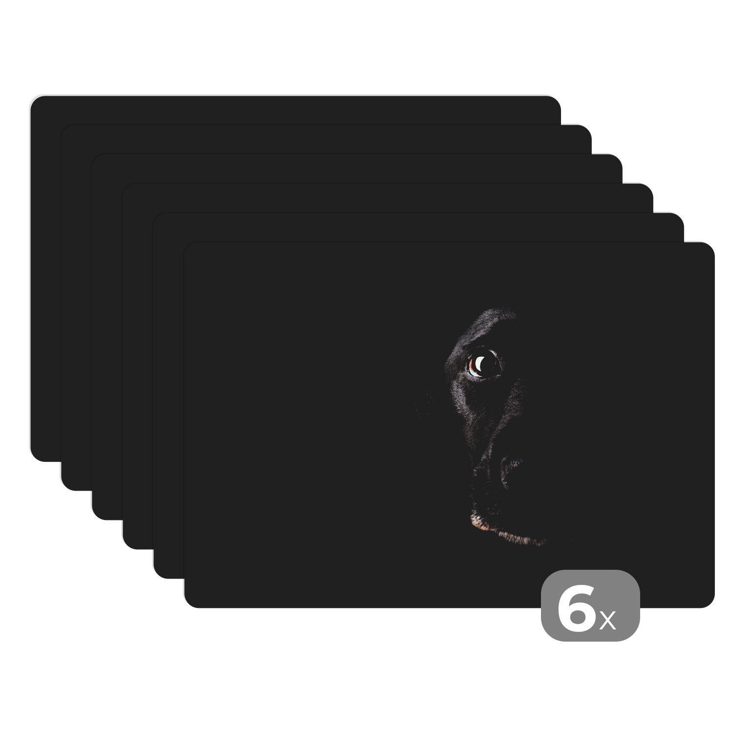 Platzset, Ein schwarzer Labrador Retriever auf schwarzem Hintergrund, MuchoWow, (6-St), Platzset, Platzdecken, Platzmatte, Tischmatten, Schmutzabweisend