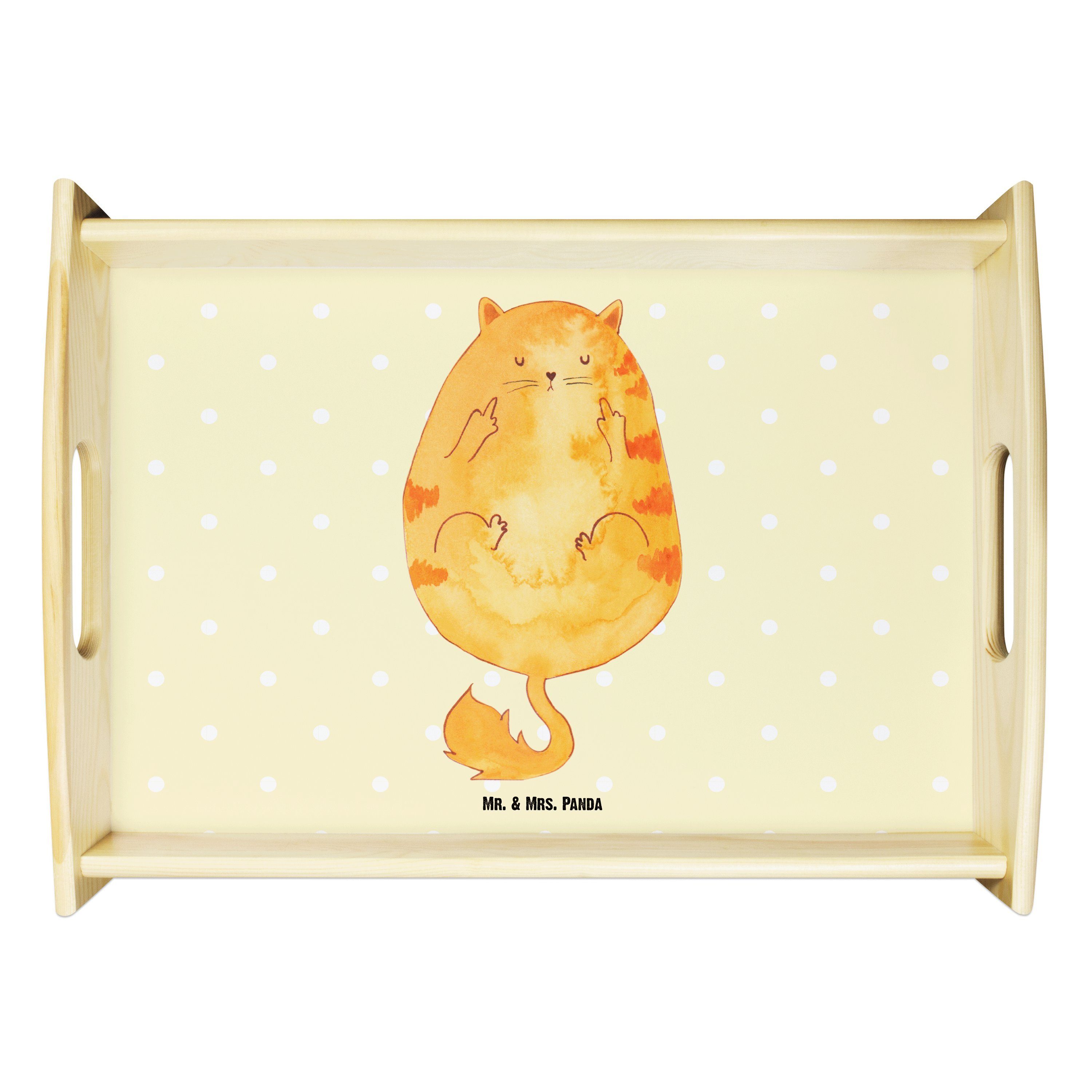 Katze - Gelb Mr. - Geschenk, Panda Echtholz Tablett Frühaufsteher Mrs. Kater, lasiert, (1-tlg) & Küchentablett, Pastell
