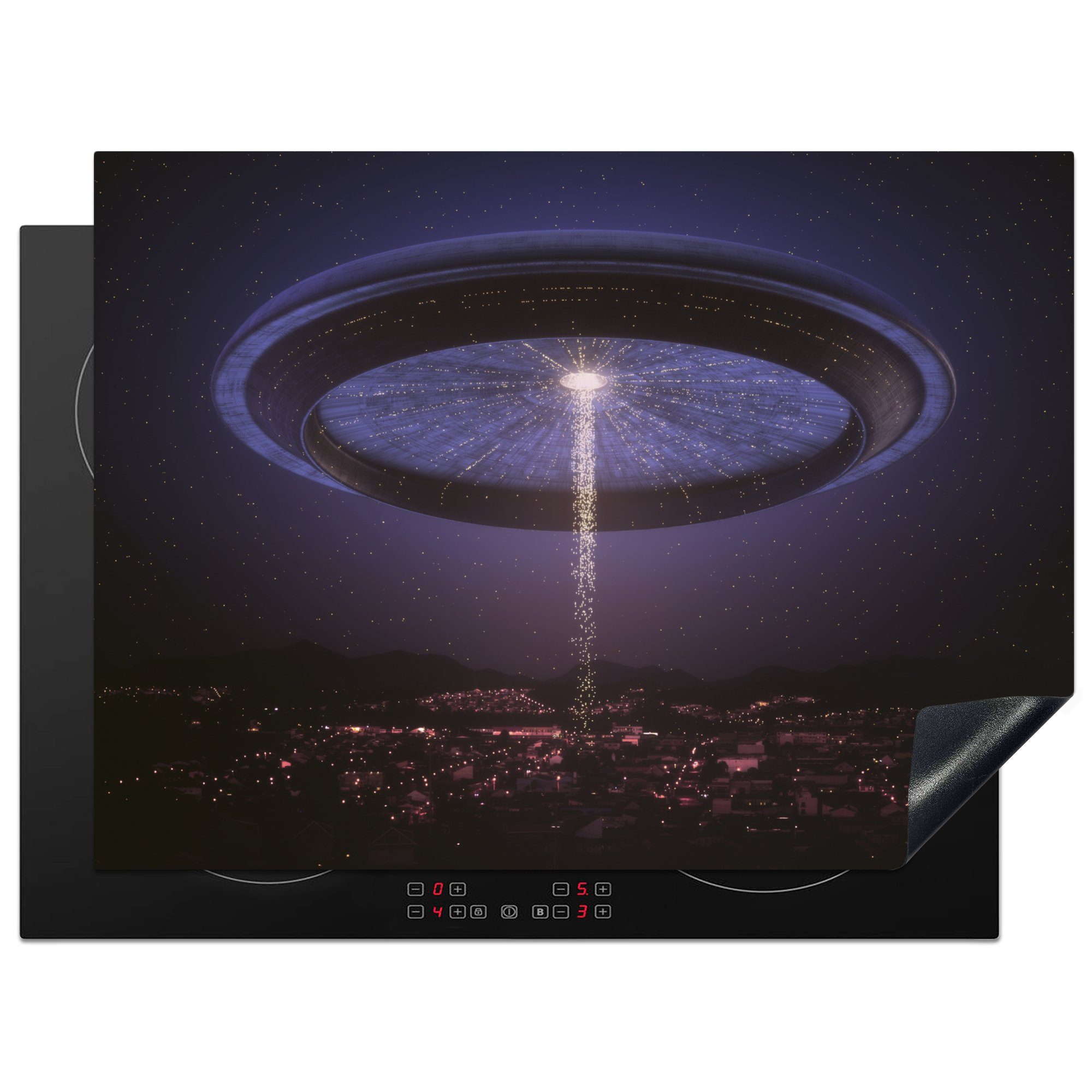 MuchoWow Herdblende-/Abdeckplatte Eine Illustration eines UFOs über einer Stadt - Jungen - Mädchen -, Vinyl, (1 tlg), 70x52 cm, Mobile Arbeitsfläche nutzbar, Ceranfeldabdeckung
