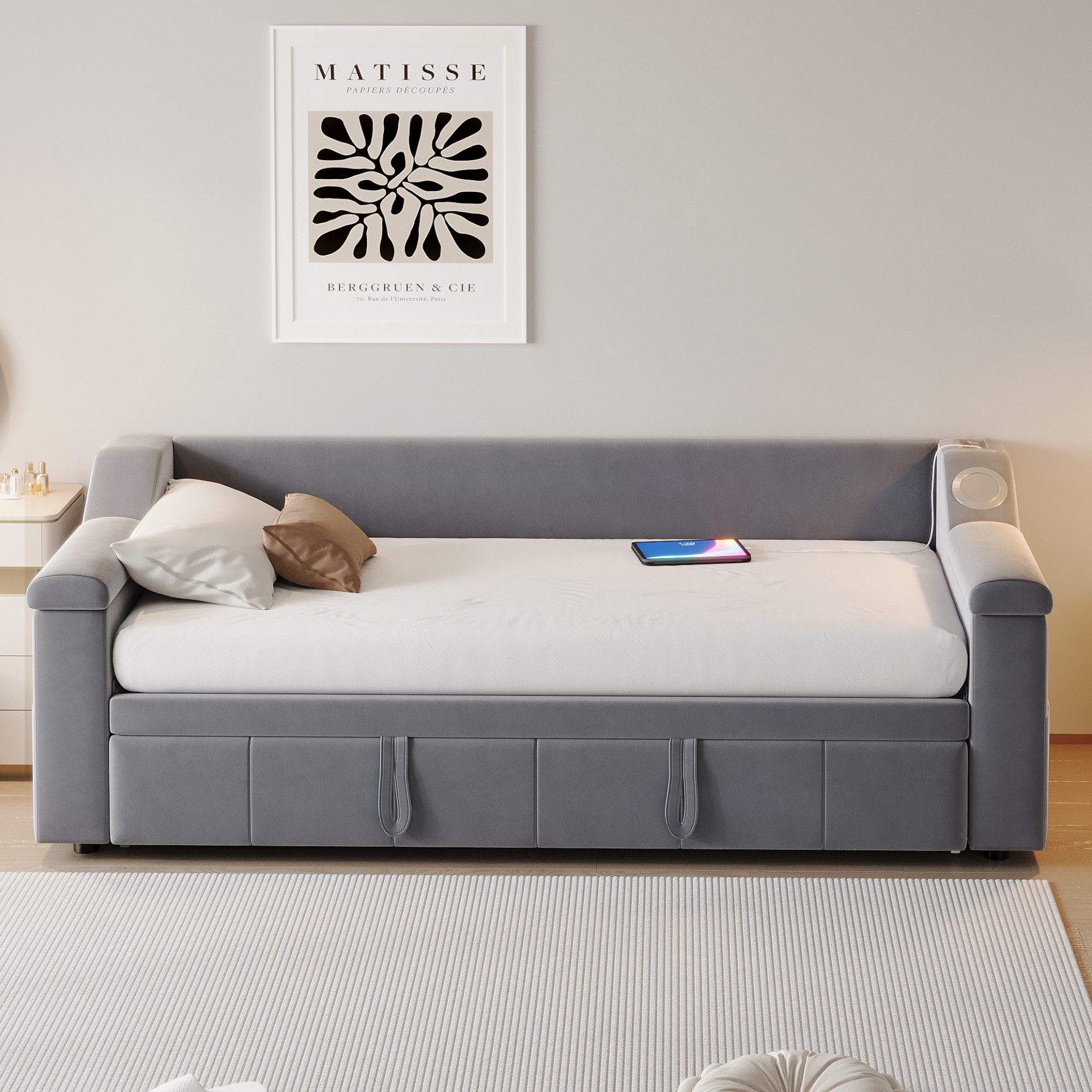 MC Star Schlafsofa Armlehnen Breiter und Dicker, Mit Smart Bluetooth-Stereoanlage, Mit USB-Ladeanschluss, Mit Ablagefächern, Mit Lattenrost, Samtstoff