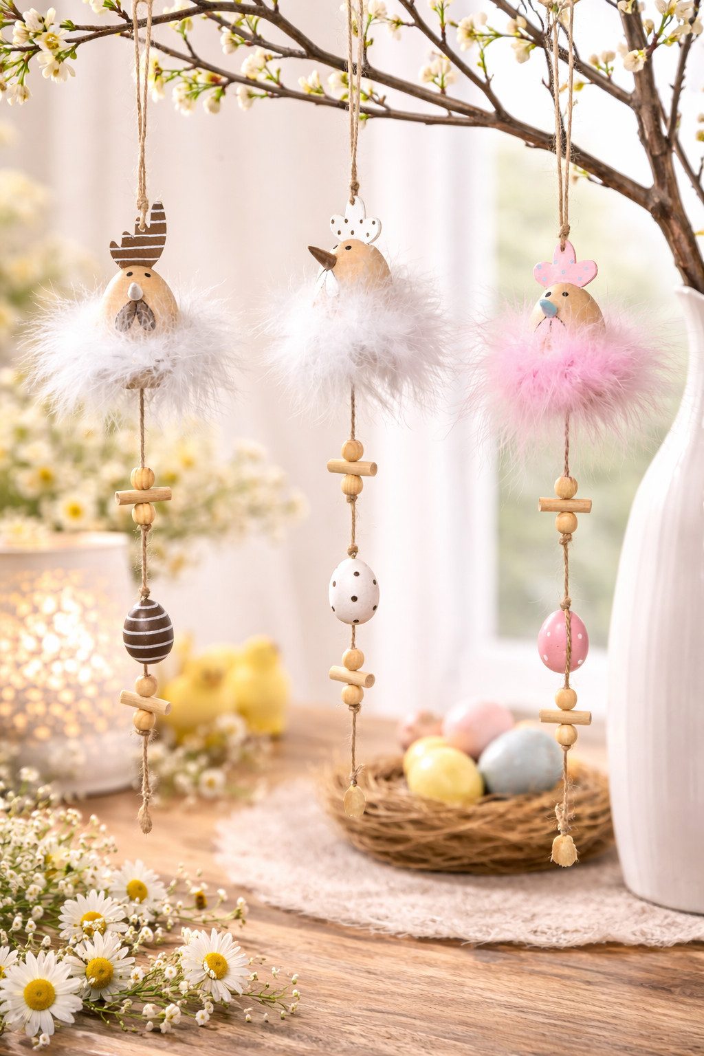 formano Osterei Hänger 3er Set Huhn aus Holz mit kleine Eier hängend