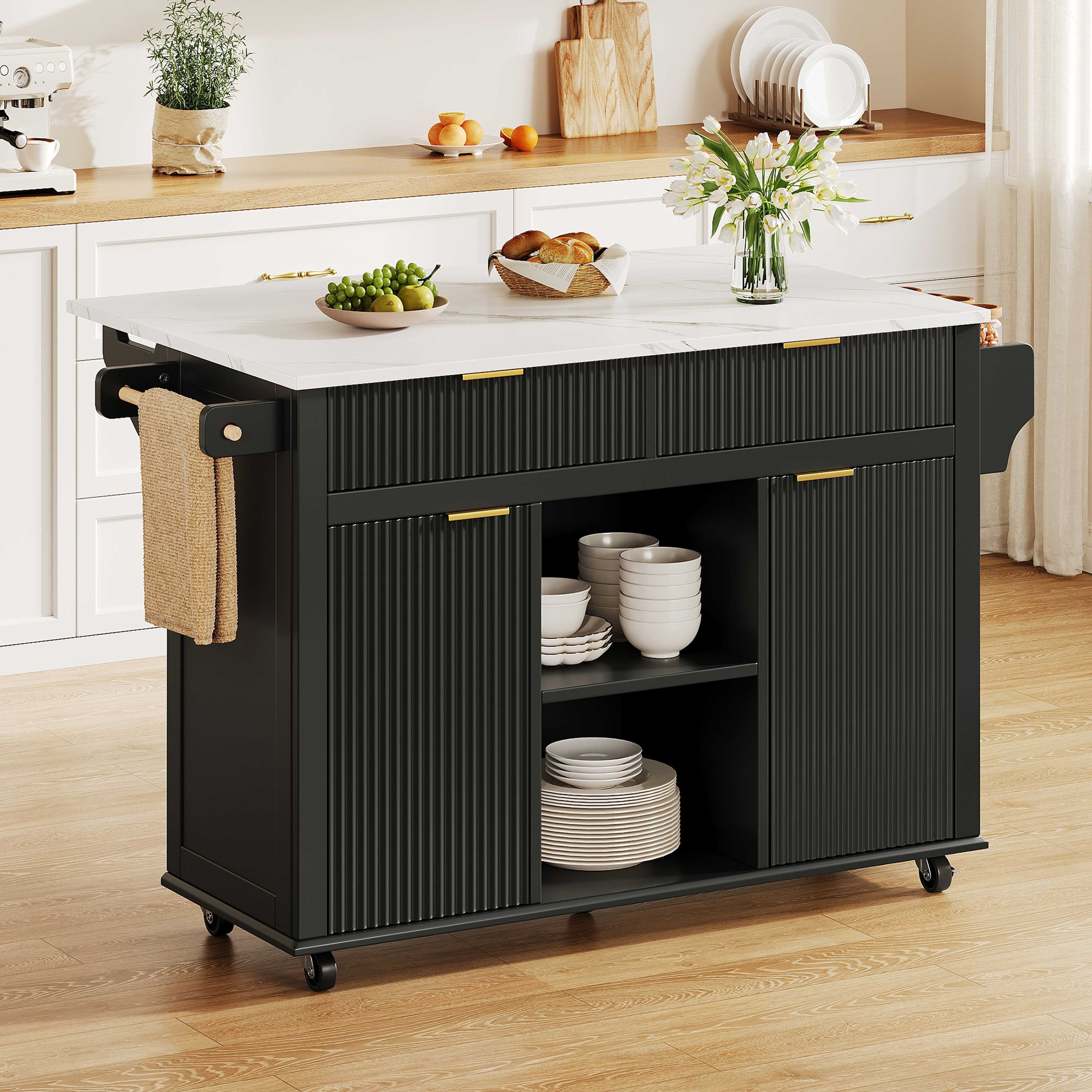 BlingBin Kücheninsel mit klappbarer Arbeitsplatte,Küchenwagen mit 2 Schubladen, 2 Türen, (2 Packung), Rollbarer Küchenschrank mit Stauraum,Gewürzregalen und Handtuchhaltern