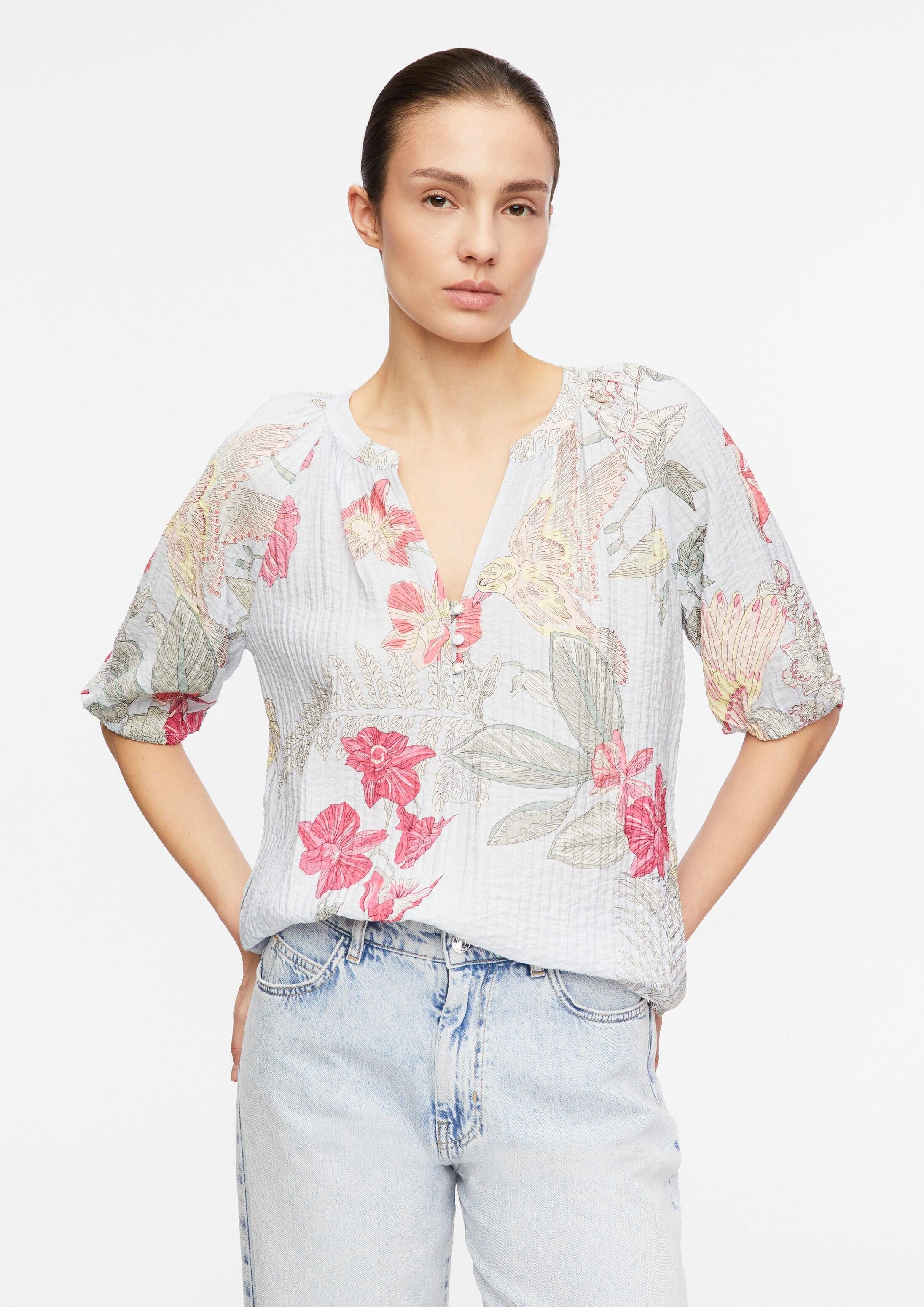 comma Kurzarmbluse Bluse Strukturierte Bluse mit Tunikaauschnitt