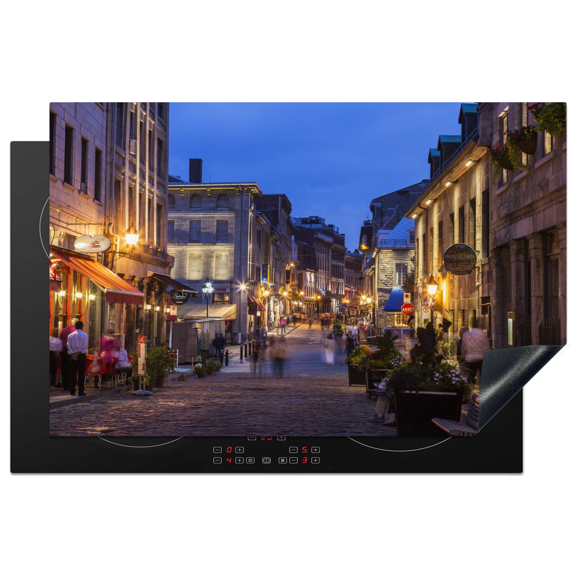 MuchoWow Herdblende-/Abdeckplatte Montrealer Straße bei Nacht, Vinyl, (1 tlg), 81x52 cm, Induktionskochfeld Schutz für die küche, Ceranfeldabdeckung