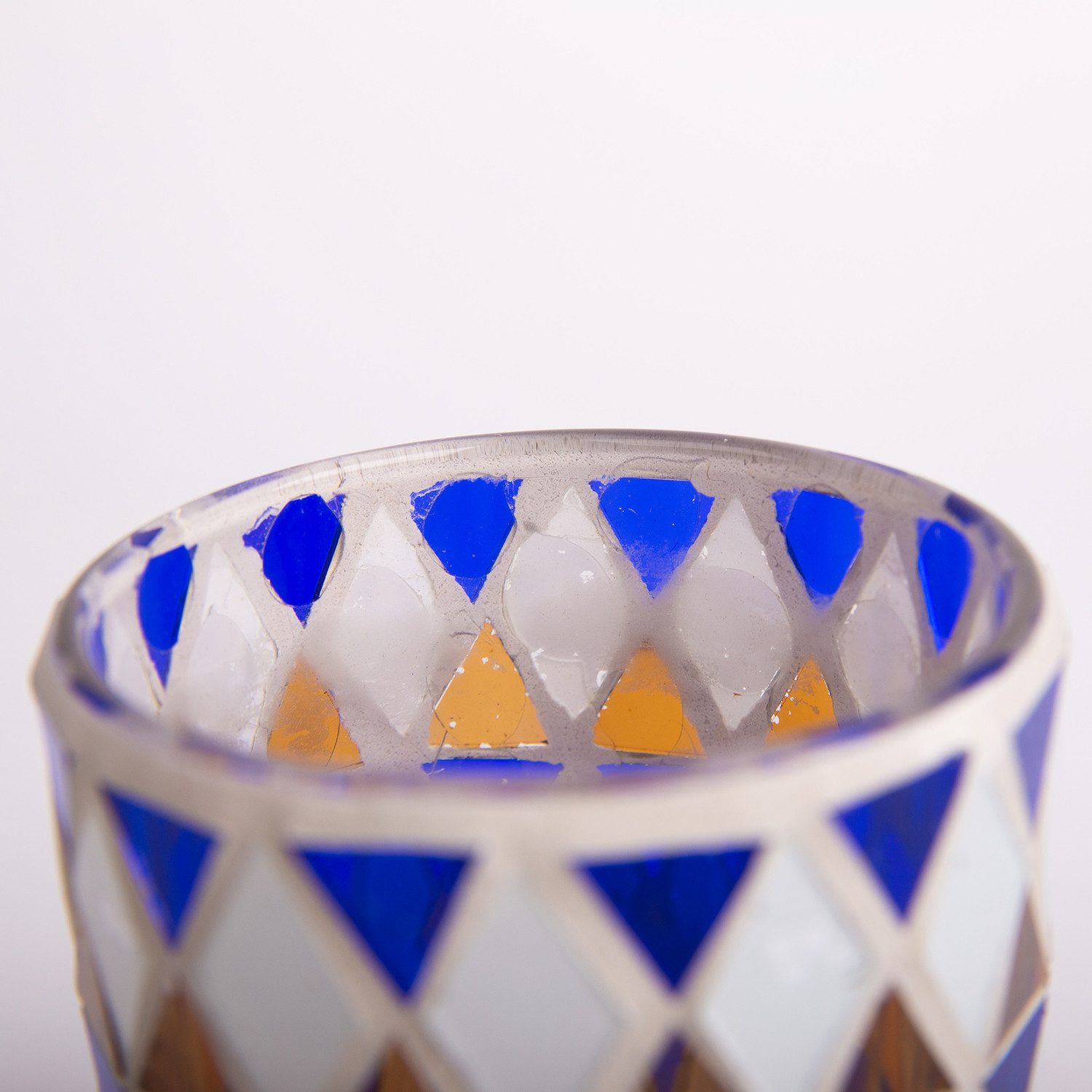 INNA-Glas Kerzenhalter Teelichtglas Samira, Mosaik, Zylinder - rund, blau weiß, 7x7x8cm