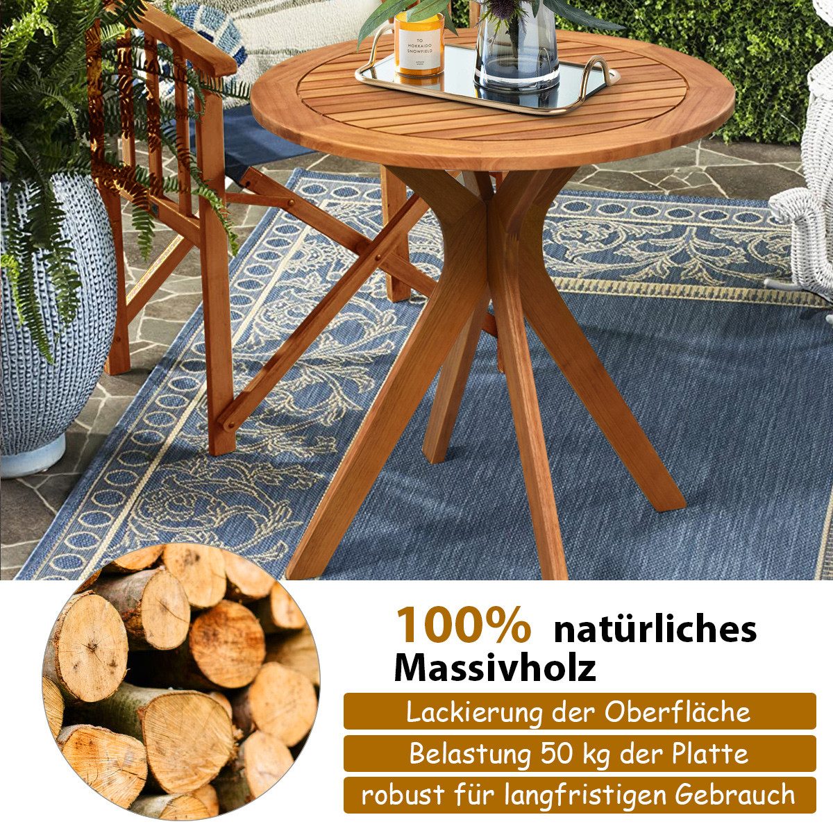 KOMFOTTEU Gartentisch, Ø70cm Beistelltisch, mit stabilem Kreuzbein