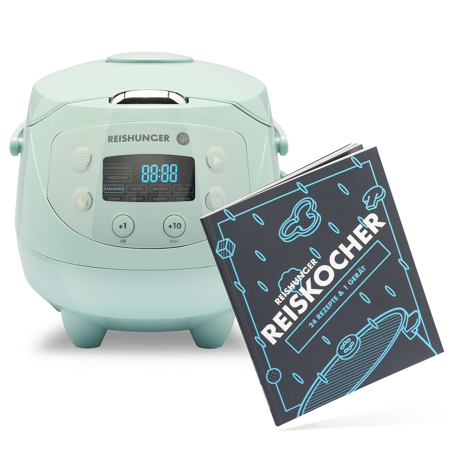 Reishunger Reiskocher Digital Mini – 0,6 L – Multikocher – 8 Programme – Keramikbeschichtung, 350 W, Dämpfeinsatz, Messbecher, Reislöffel, Timer- und Warmhaltefunktion