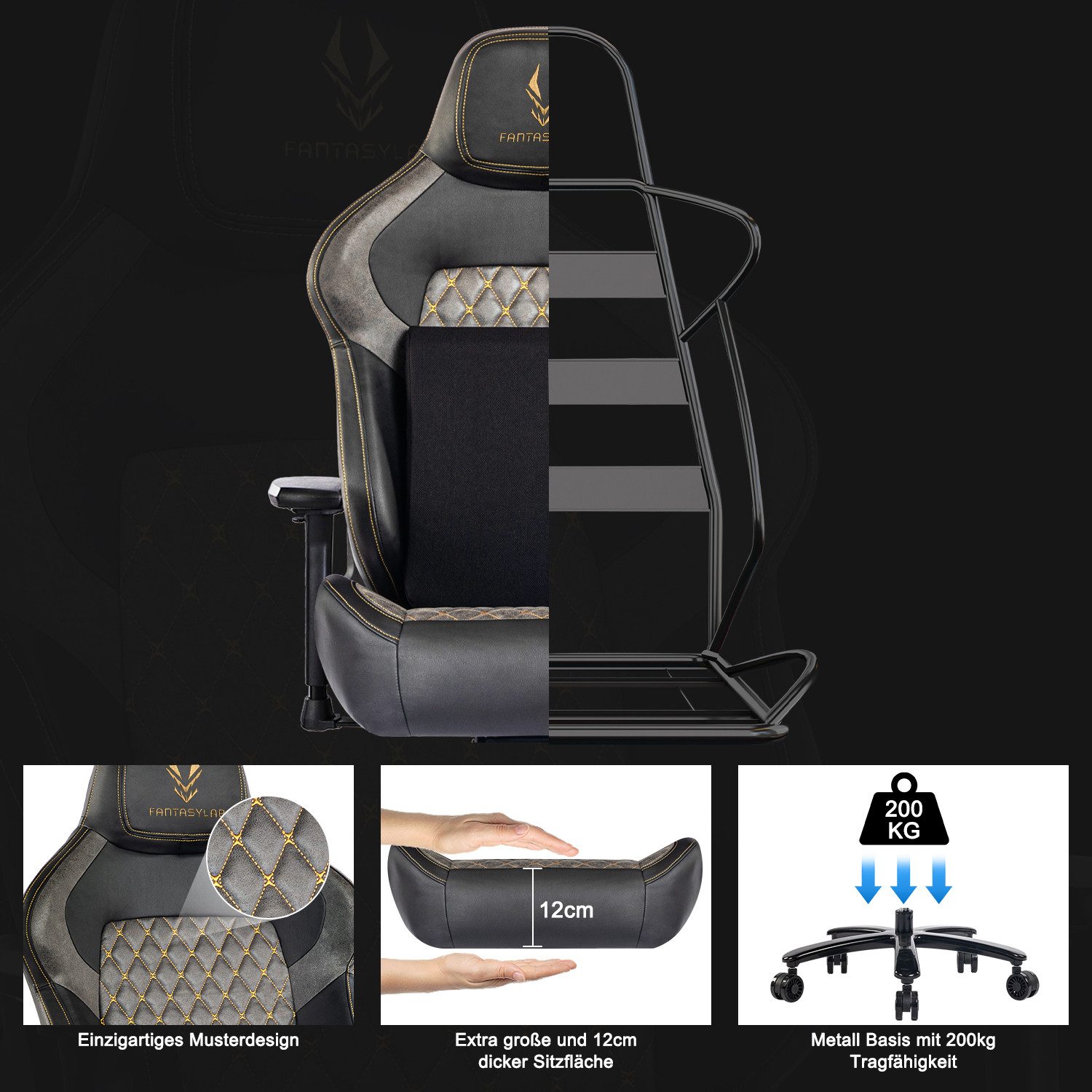FANTASYLAB Gaming-Stuhl 200KG Gamingstuhl, 4D, verstellbare Armlehnen, Lendenstütze – Bild 5 von 5
