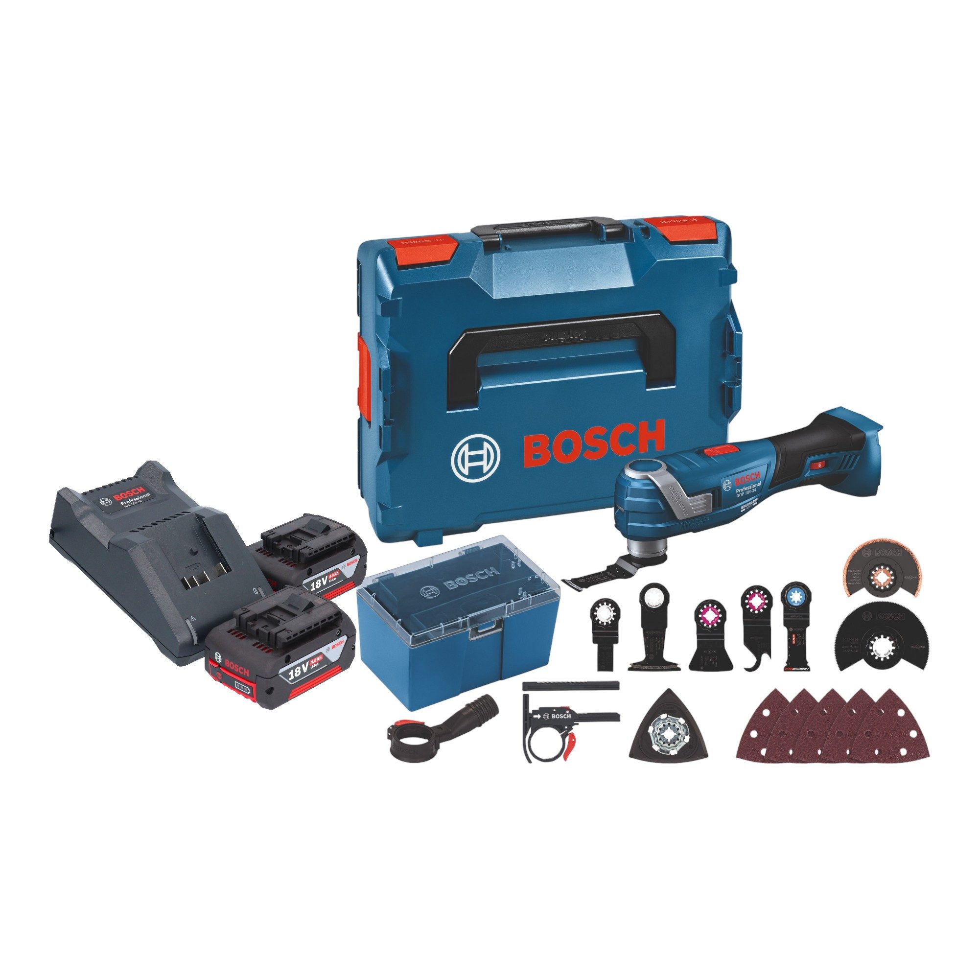 Bosch Professional Akku-Multifunktionswerkzeug GOP 18 V 34 Akku Multi Резаки + Zubehör + 2x Akku 4,0 Ah + Lader