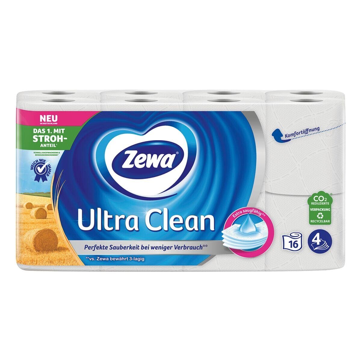 ZEWA Toilettenpapier Ultra Clean (8-St), 4-lagig, mit Strohanteil und Prägung, 135 Blatt/Rolle