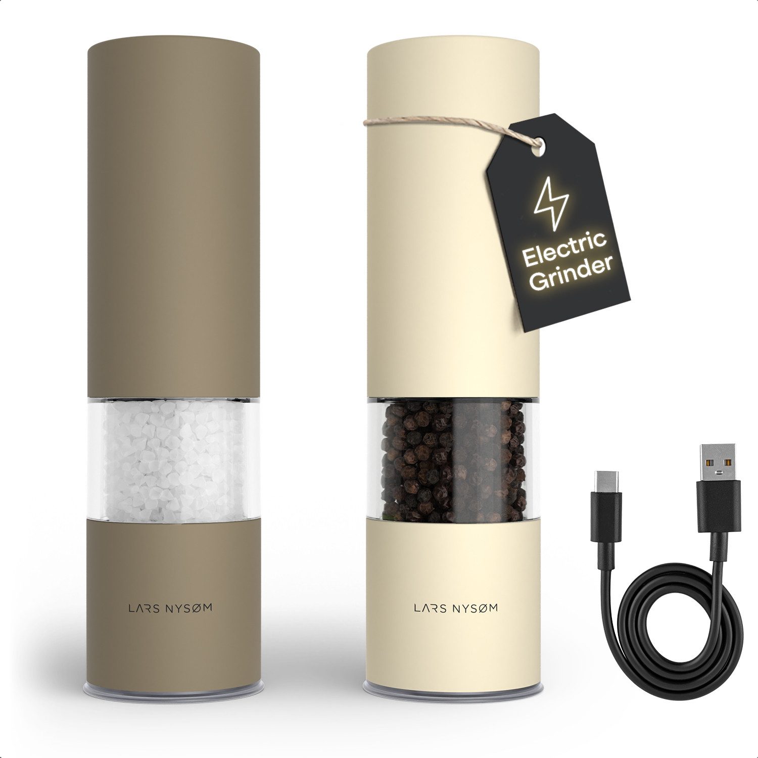 LARS NYSØM Gewürzmühle Stød praktische Einhandbedienung per Drucktaste, (2 Stück), elektrische Salz- & Pfeffermühle mit eingebautem LED-Licht