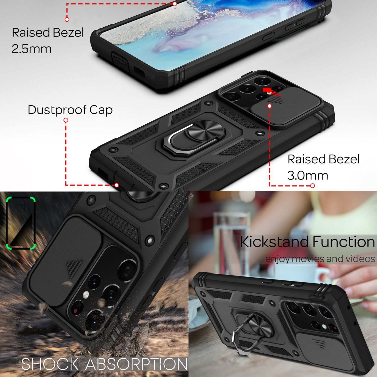 Nalia Smartphone-Hülle Samsung Galaxy S21 Ultra 17,3 cm (6,8 Zoll), Outdoor Military-Style Ring Hülle / Kamera-Abdeckung & Display-Rahmen