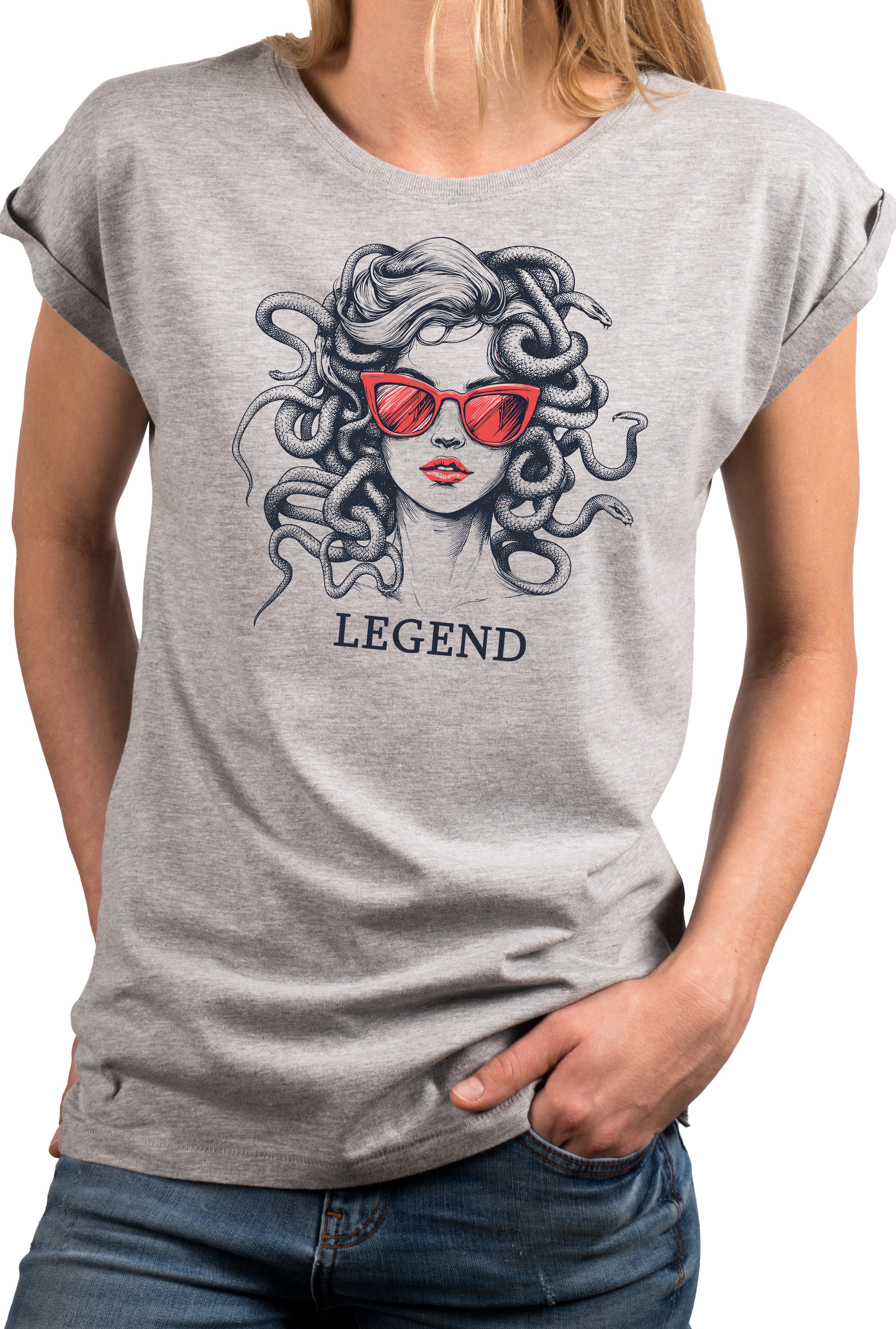 MAKAYA T-Shirt Medusa Damen-Top – Frauenmotiv mit Sonnenbrille & Schlangen (Weiß, Rosa, Hellgrau, 34, 36, 38, 40, 42, 44, 46, 48, 50) Baumwolle