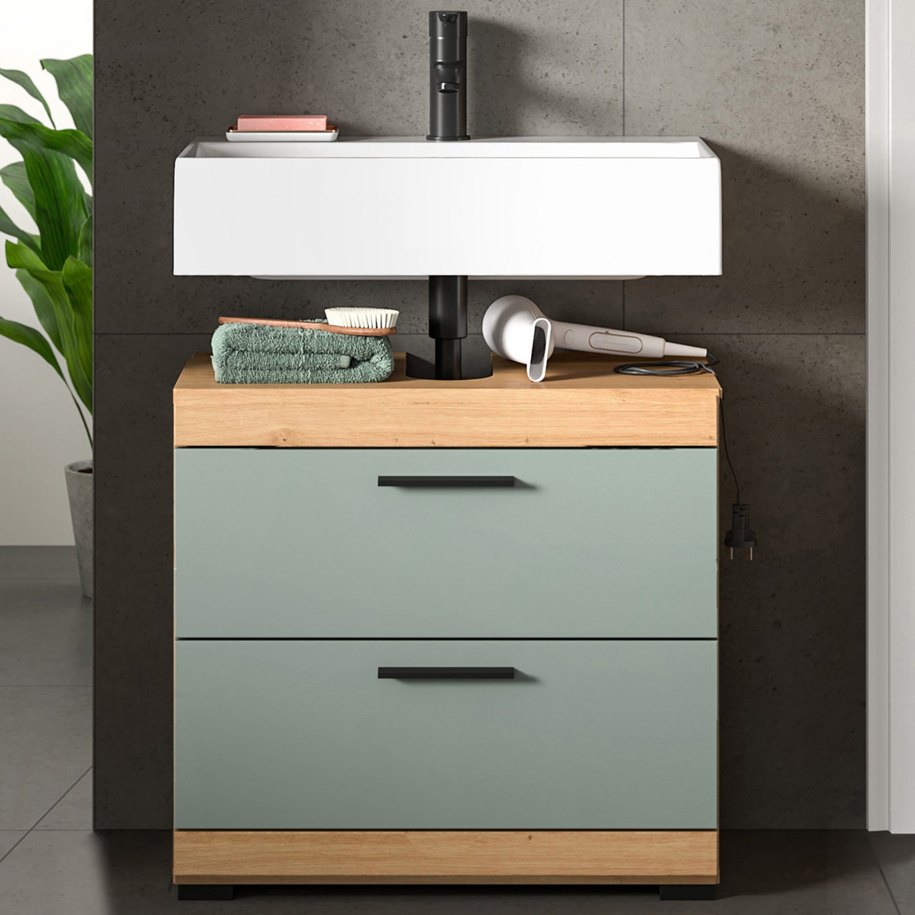 furnling Waschbeckenunterschrank Scott 2 Schubladen, Badmöbel, Badschrank, Badunterschrank, 60 cm breit – Bild 2 von 5