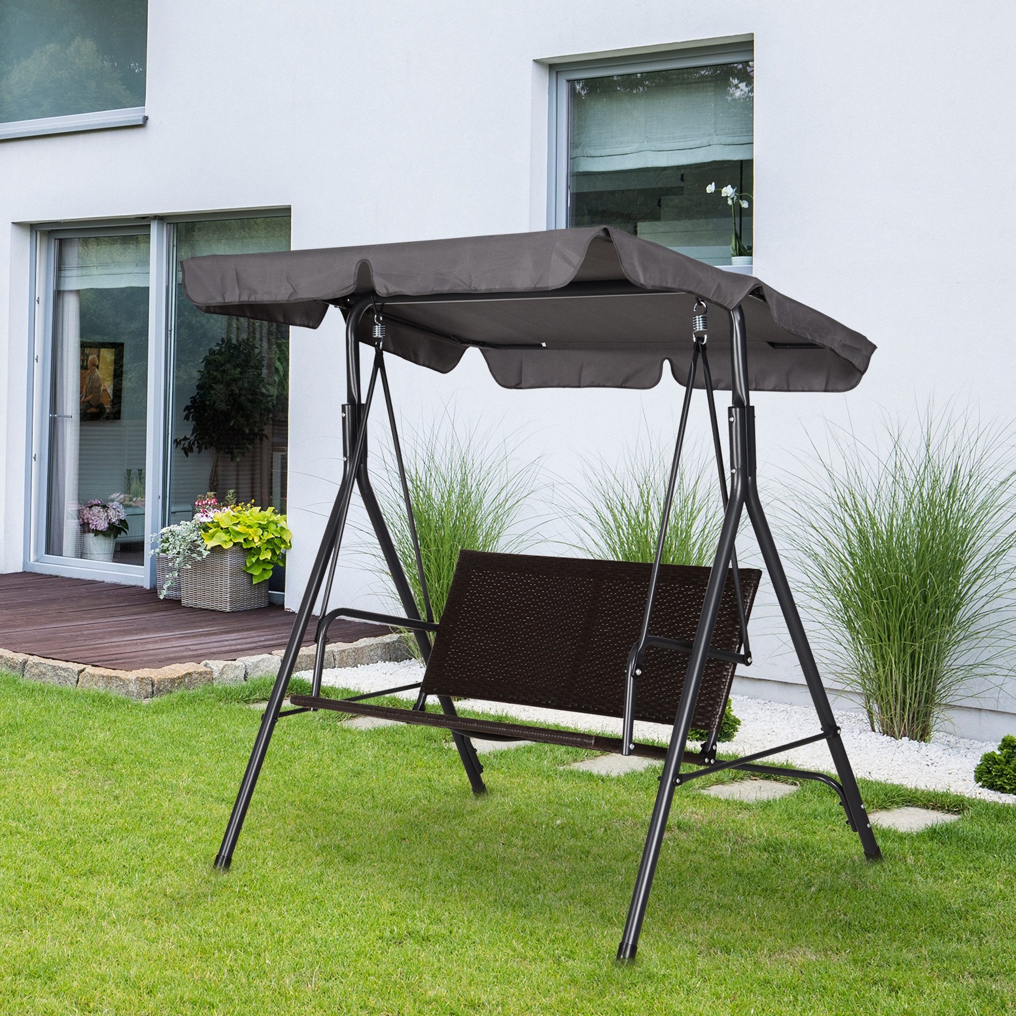 Outsunny Hollywoodschaukel mit Verstellbares Sonnendach, Rattan, günstig online kaufen