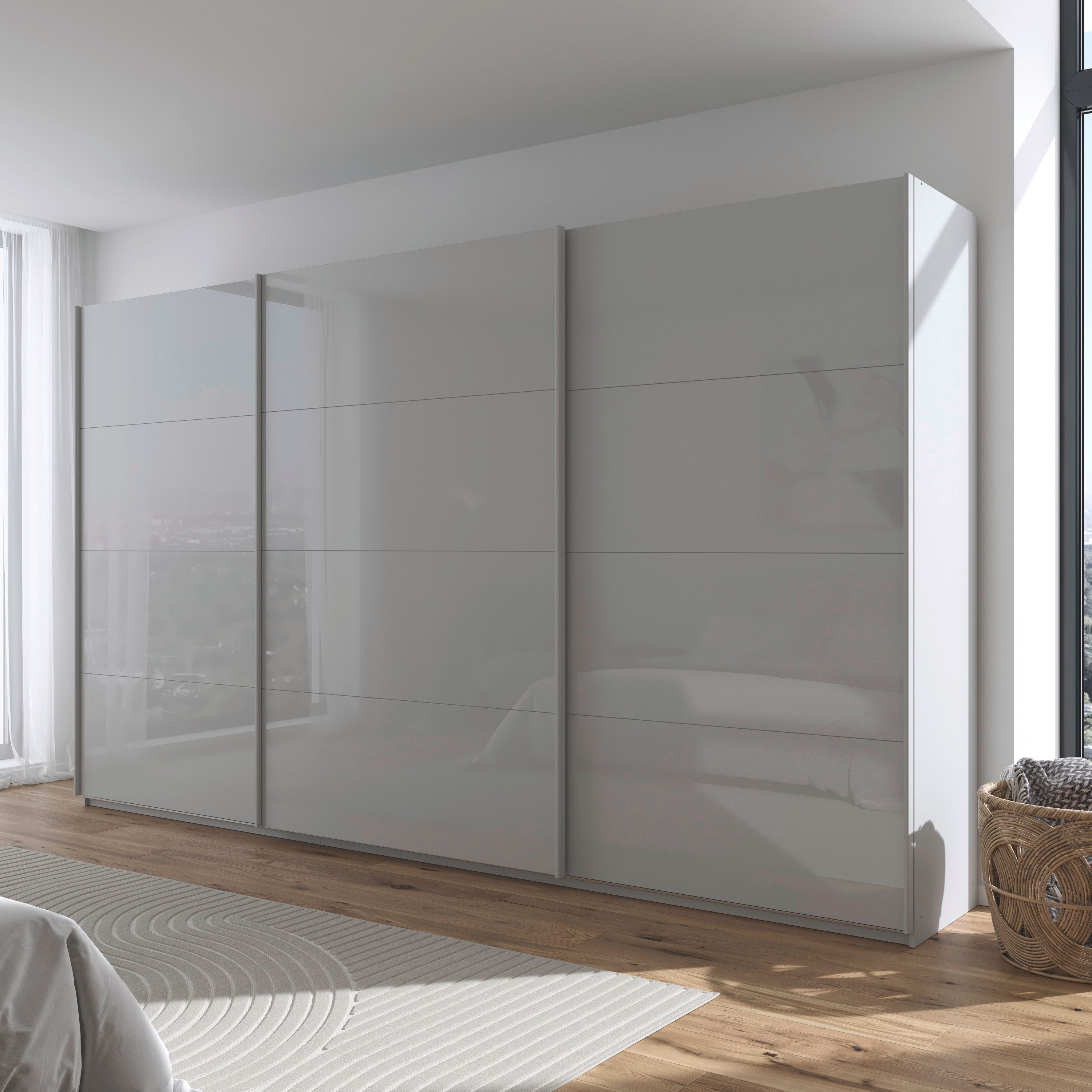 OTTO home Schwebetürenschrank Kleiderschrank Schrank Garderobe AGORDO mit Glasfront (Breiten 203/271/315/360 cm, Höhen 210/229 cm) durchdachte Innenausstattung, in 4 Breiten und 2 Höhen MADE IN GERMANY