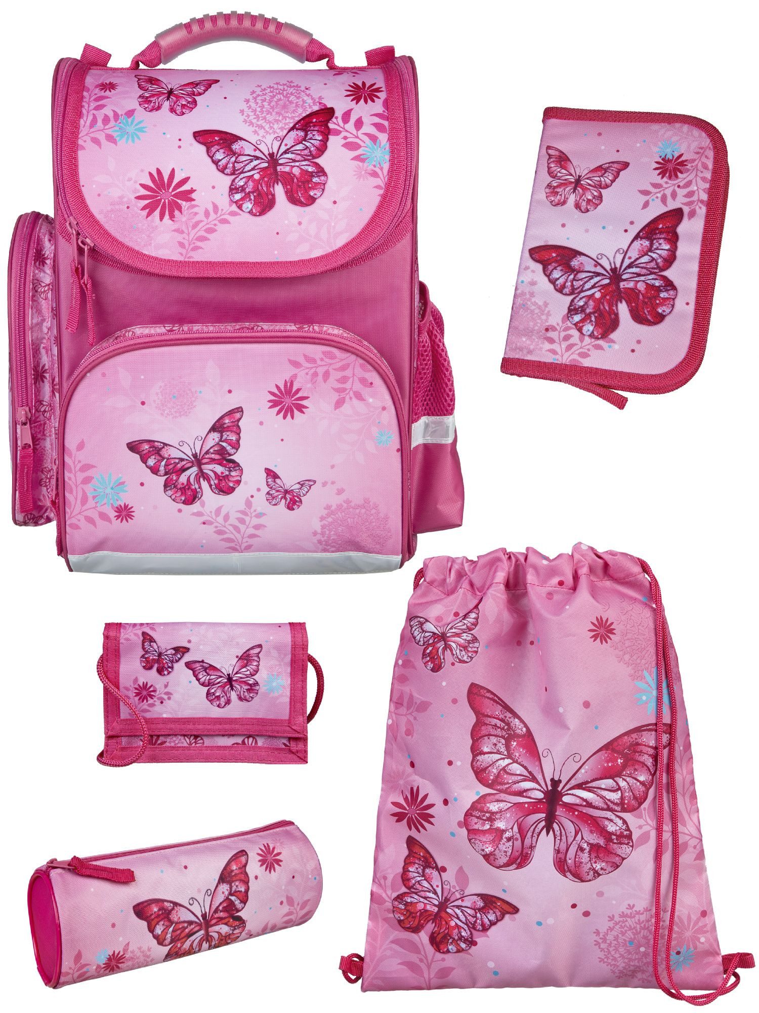 Familando Schulranzen Clou Schmetterling Schulranzen, rosa, für 1. Klasse, 930 Gr leicht (Set, 5-tlg., Grund-Set), kompakt, mit 2-Wege Reißverschluss