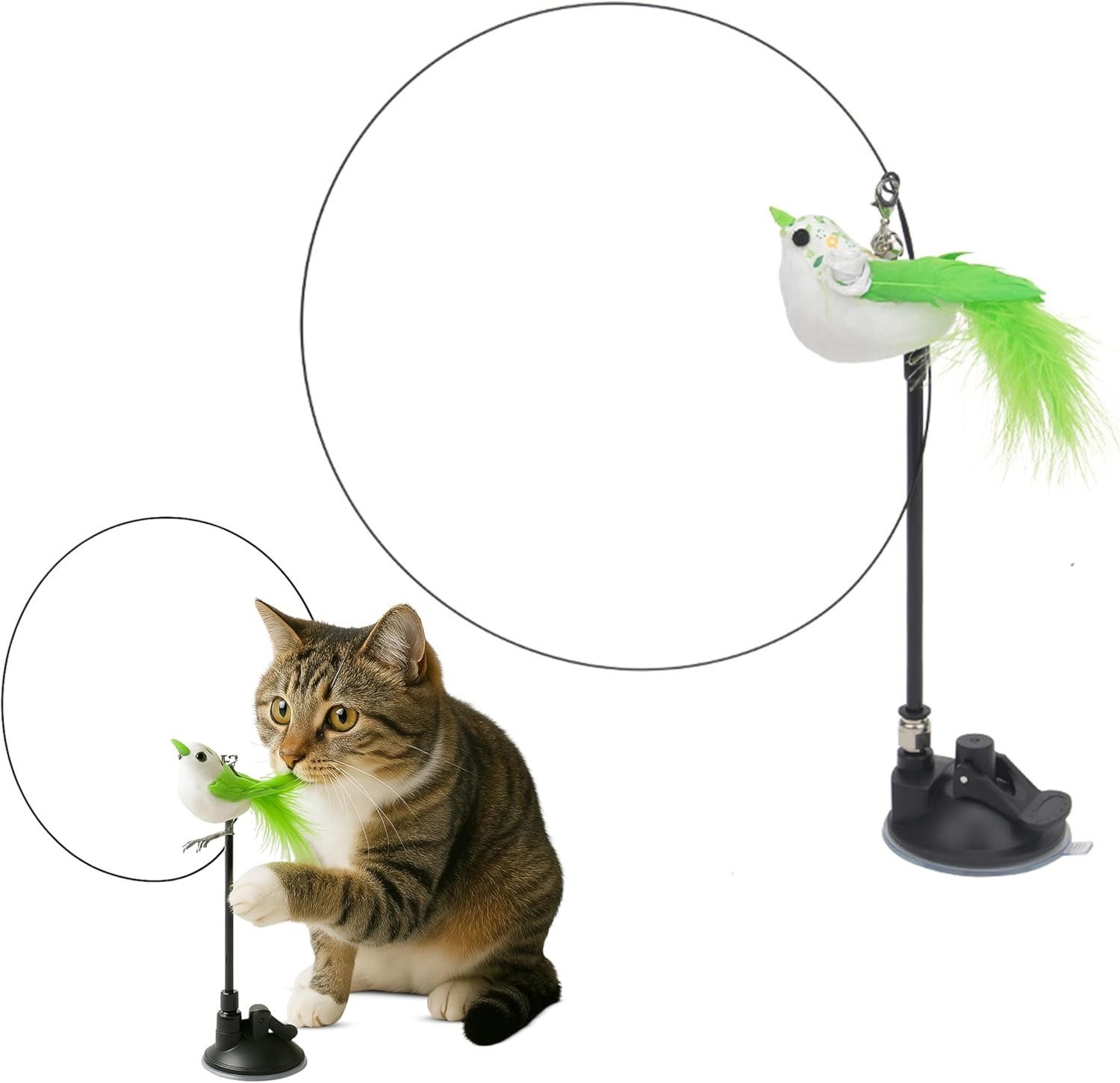 FUNFY Tier-Beschäftigungsspielzeug Katzenangel Feder Spielzeug Vogel Saugnapf Interaktiv Grün, 2 Spielmodi Selbstspiel Training