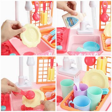 DOPWii Spielküche Spielzeug-Küchenspüle mit Kochfeld, Topf mit Sprühstrahl, realistischen Lichtern und Geräuschen, Schneiden von Lebensmitteln