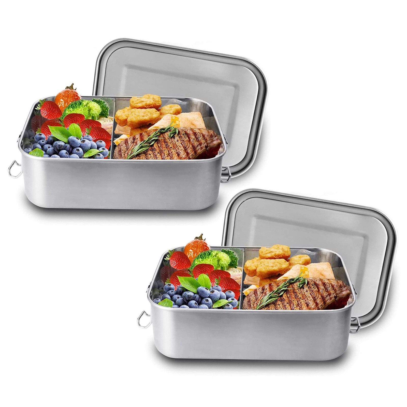 BlingBin Lunchbox 1400ml Auslaufsichere Bento-Box Brotzeit-Dose aus Edelstahl, Edelstahl, (2er Set, 2-tlg., 2 Stück), Lunchbox, Vesperdose, Pausenbrot, für Erwachsene & Kinder