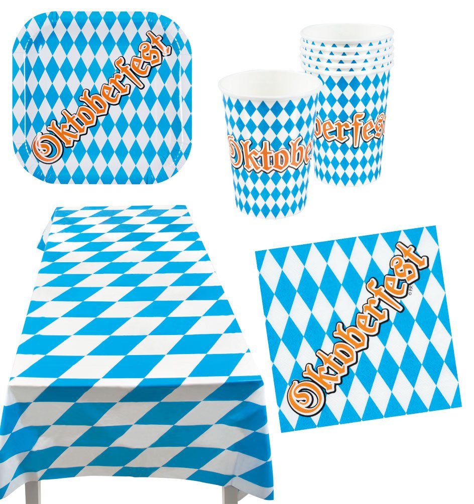 Karneval-Klamotten Einweggeschirr-Set Party Set Bayern Oktoberfest blau-weiß 25 Teile, Partygeschirr Pappteller Pappbecher Servietten | Einweggeschirr-Sets