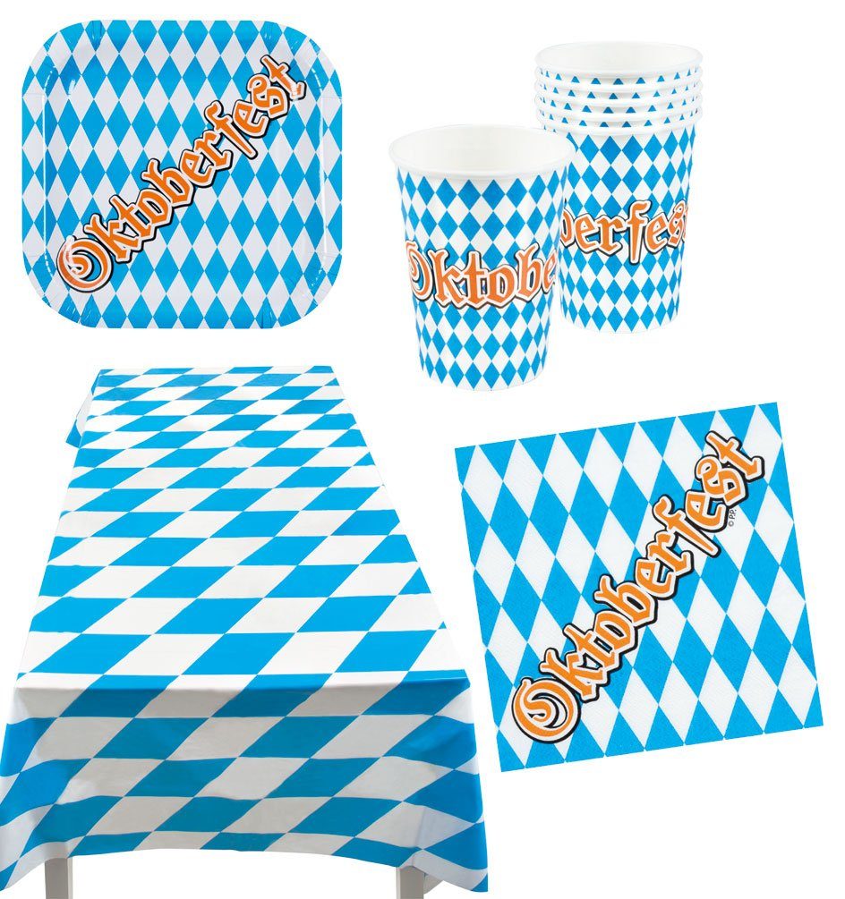 Pappteller Set Pappbecher Oktoberfest blau-weiß Partygeschirr Bayern Einweggeschirr-Set Karneval-Klamotten Teile, Servietten Party 25