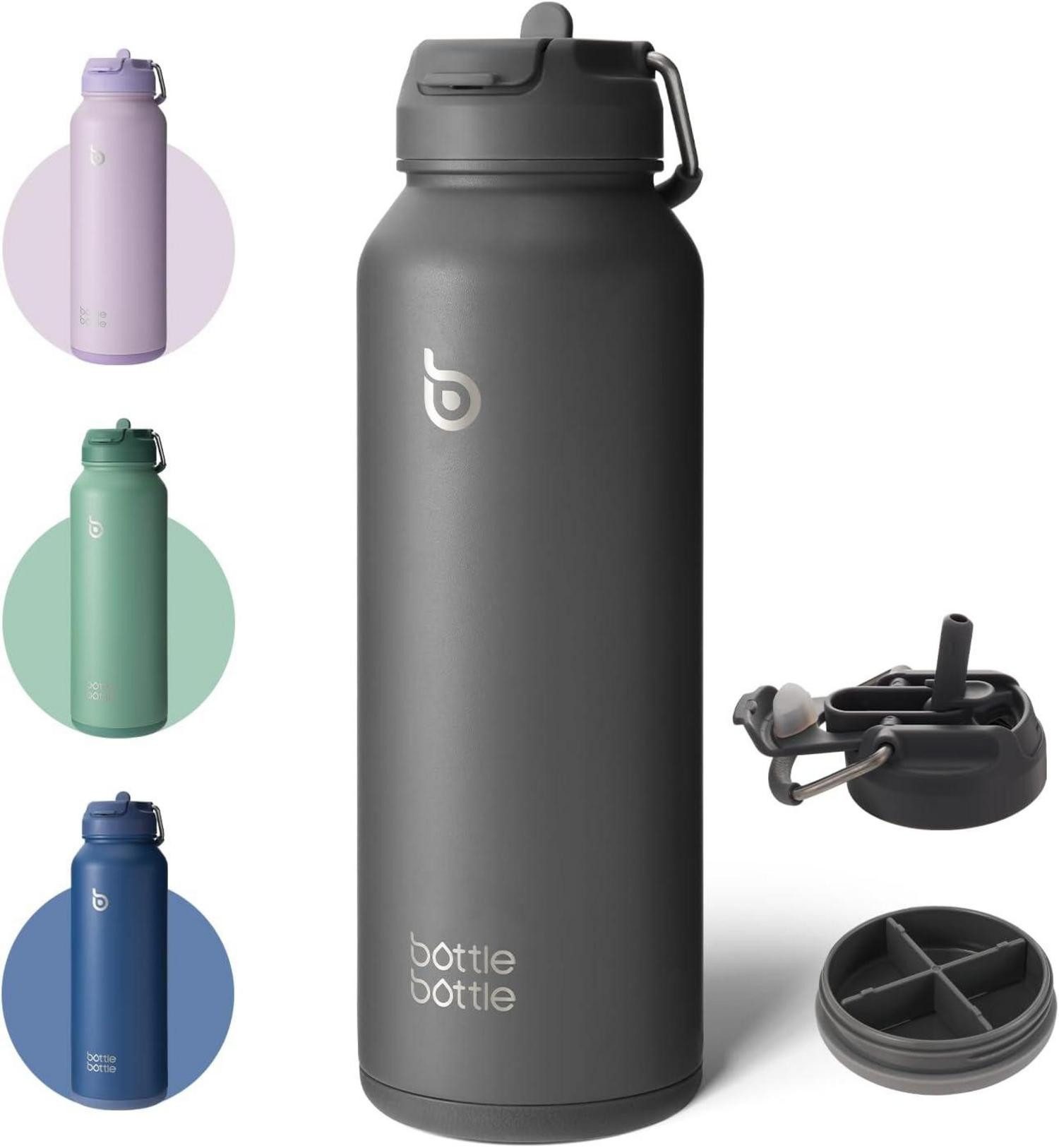Becher Sport-Wasserflasche aus Edelstahl 1,2 l isoliert mit Strohhalm und
