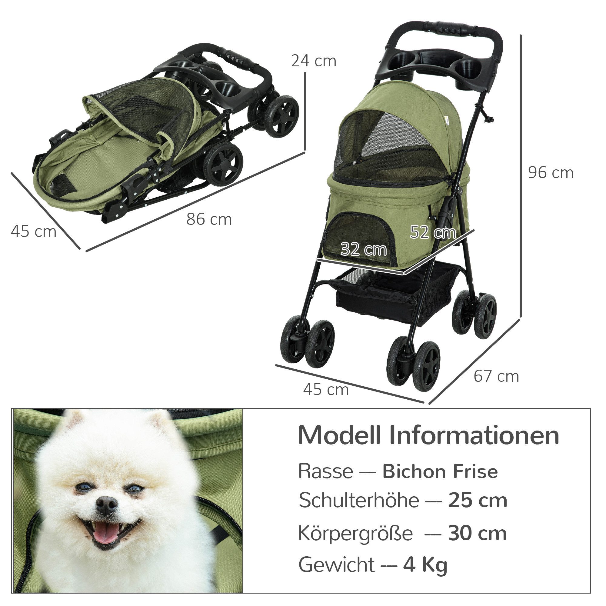 PawHut Hundebuggy Hundewagen klappbar bis 4 kg Katzenbuggy mit Netzfenster, (Haustierwagen, 1-tlg), für kleine Hunde und Katzen, Oxford Dunkelgrün 67 x 45 x 96 cm