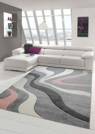 Teppich Teppich modern Teppich Wohnzimmer mit Wellen in grau rosa, Teppich-Traum, rechteckig, Höhe: 13 mm