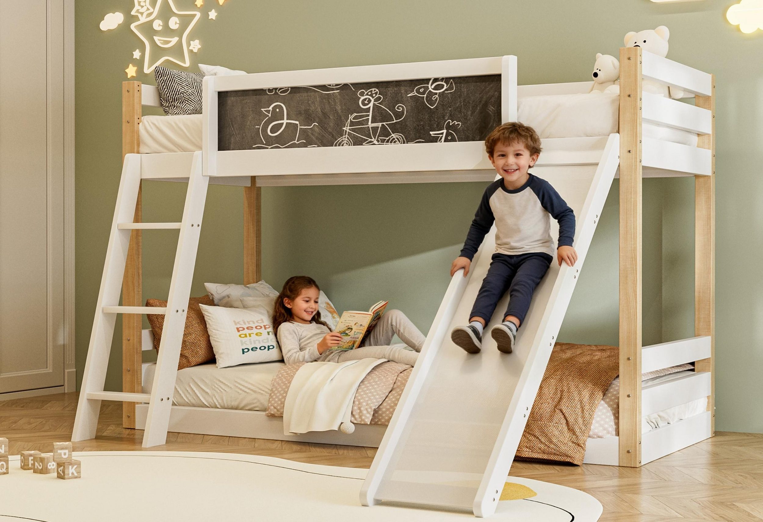 LVHOM Hochbett Massivholz 2 Betten - 90x200cm Komplettbett (Kinderbett Set mit Treppe, Rutschen und Geländer/Zaun, Liegefläche: 2 mal 90x200cm, 2-stöckiges Etagenbett, 2 Bettseiten) Kinderzimmer/Jugendzimmer /Schlafzimmer/Gästezimmer