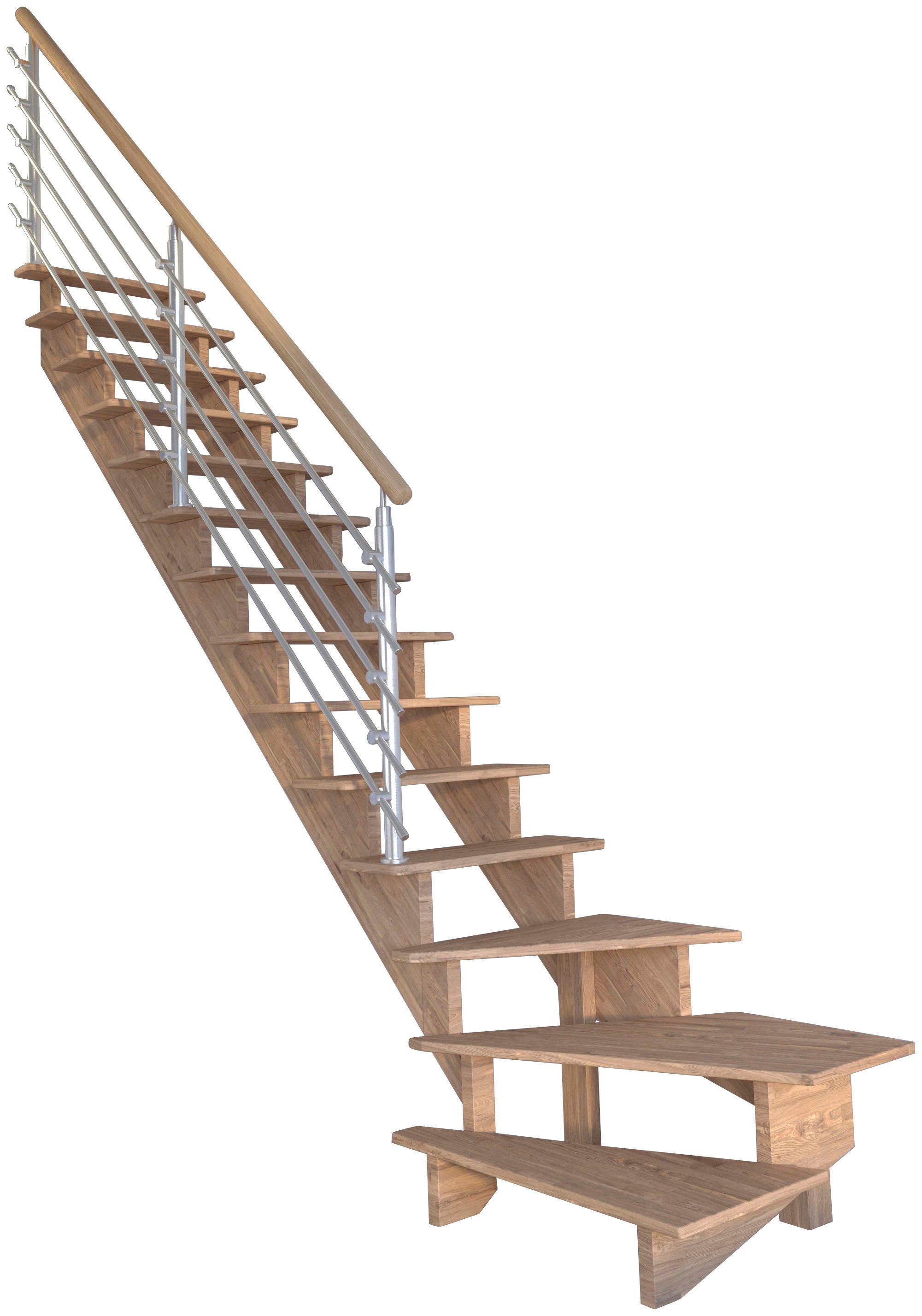Starwood Systemtreppe Massivholz Lindos, Design-Geländer Edelstahl, für Geschosshöhen bis 300 cm, Stufen offen, gewendelt Links, Durchgehende Wangenteile | Treppen