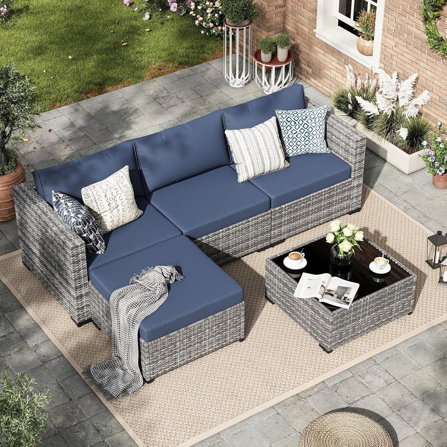 Amopatio Gartenlounge-Set Rattan Gartenmöbel-Set 5tlg. Sofa Sessel Glastisch Grau Marineblau