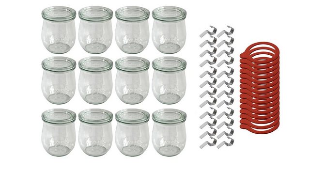 WECK Einmachglas 12x Sturzgläser mit Deckel Ringe Klammern 220 ml Einweckglas, Glas, (12-tlg)