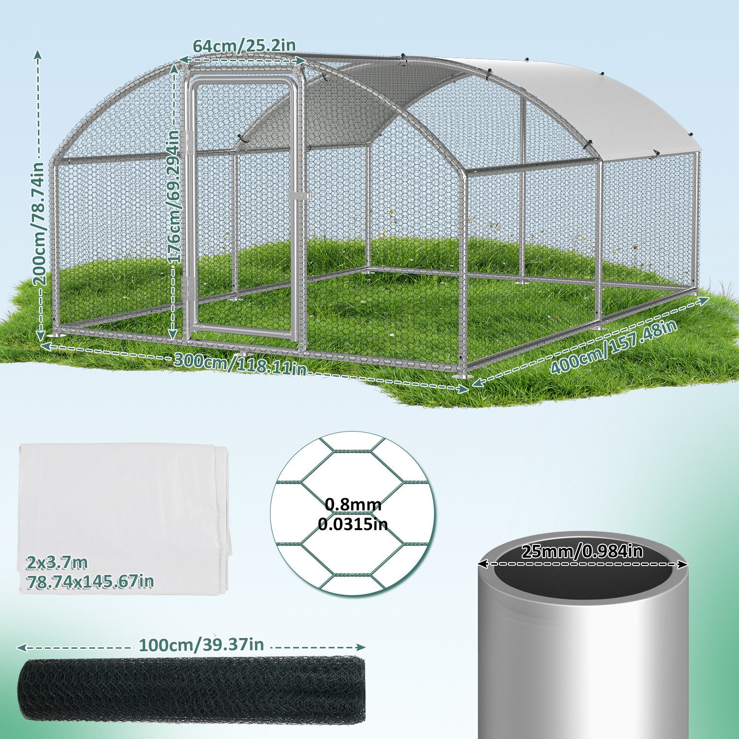 Clanmacy Hühnerstall Hühnerstall 3x4x2m Kuppeldach Freilaufgehege verzinkt mit PE-Dach, Verzinkter Rahmen, PE-Dach, PVC-beschichtetes Drahtnetz – Bild 2 von 5