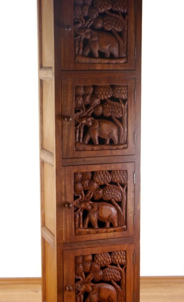 livasia Hochschrank Hochschrank Massivholz 50x40x200cm mit Elefantenschnitzerei