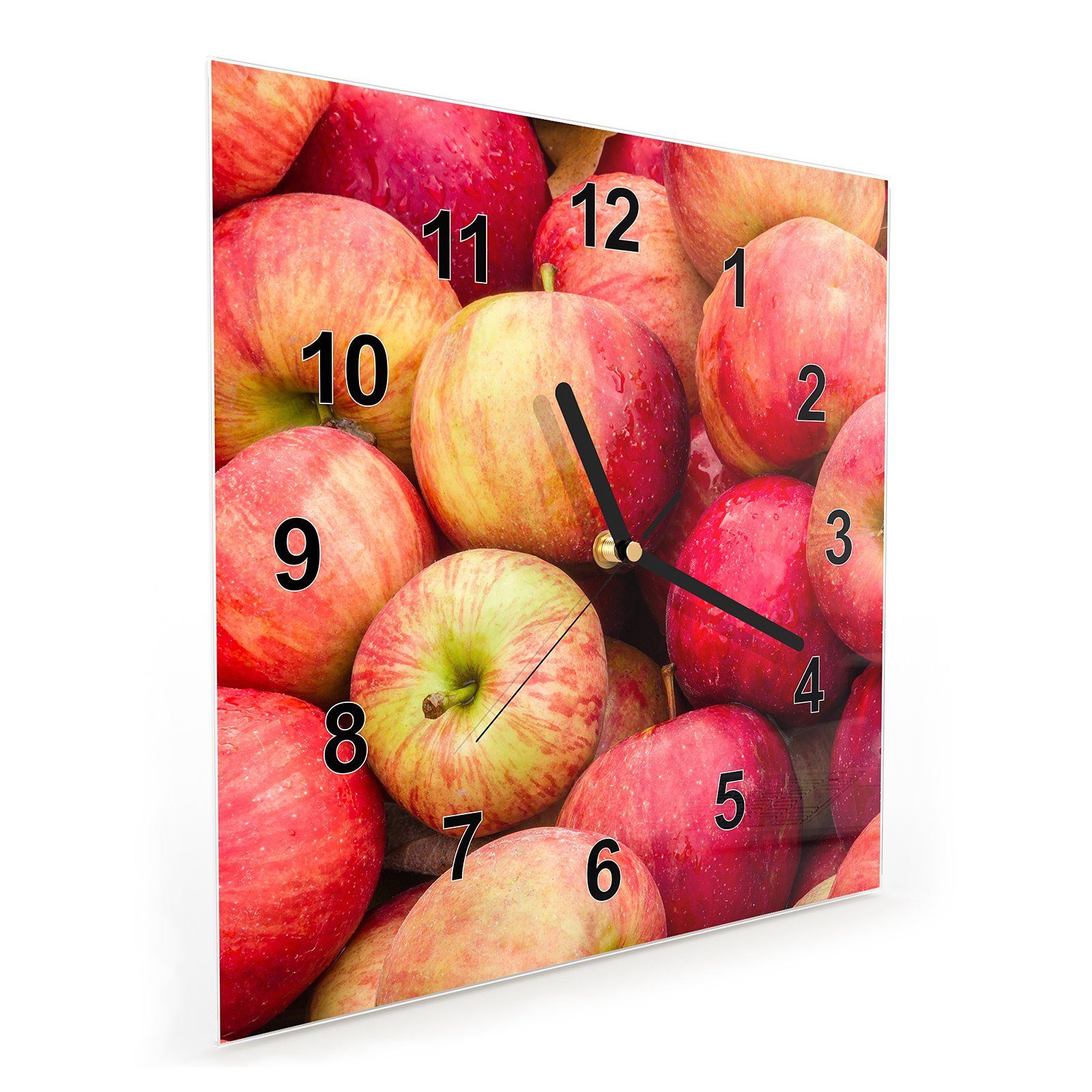 Primedeco Wanduhr Glasuhr Wanduhr Wandkunst mit Motiv cm Äpfel beim Größe 30 30 Obstmarkt x