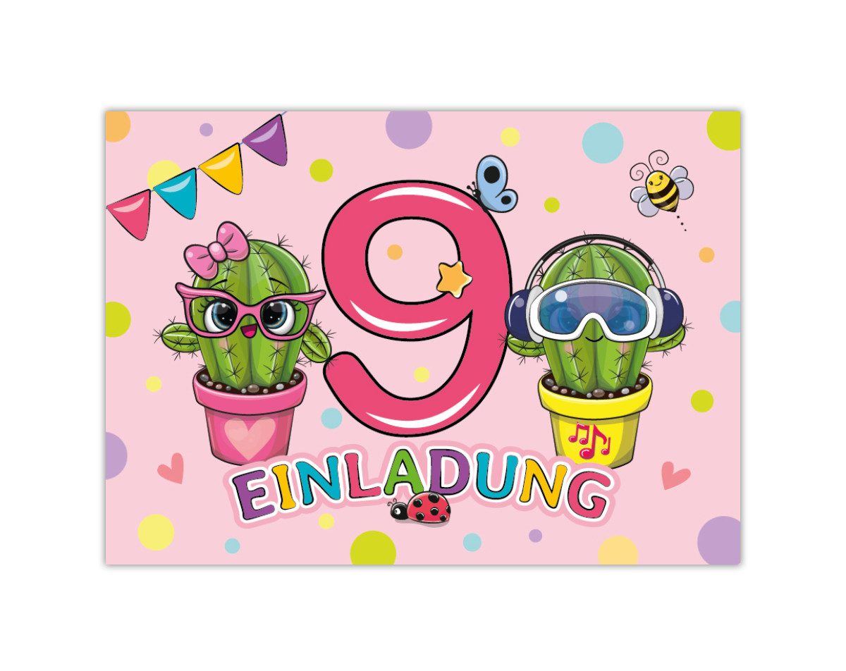 JUNAPACK Einladungskarten Kaktus Einladungen zum 9. Kindergeburtstag Blumen Karten Mädchen, Einladungskarten mit einem Kaktus Motiv für Kinder
