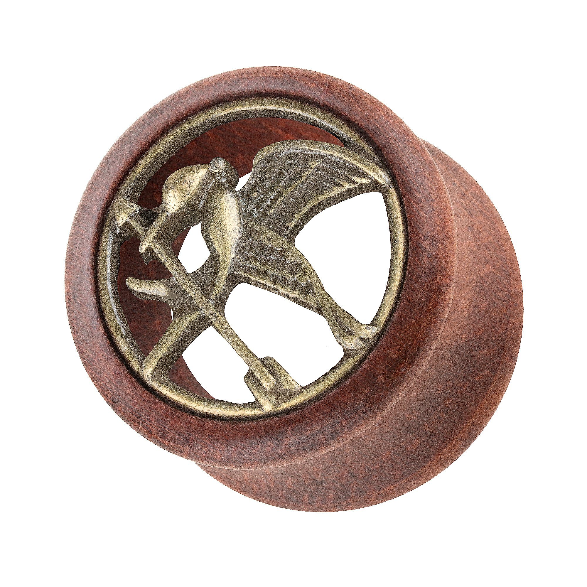 Taffstyle Plug Piercing Double Flared Vogel Inlay, Ohr Plug Flesh Tunnel Ohrpiercing Holz Organic Vogel Inlay Gold Braun