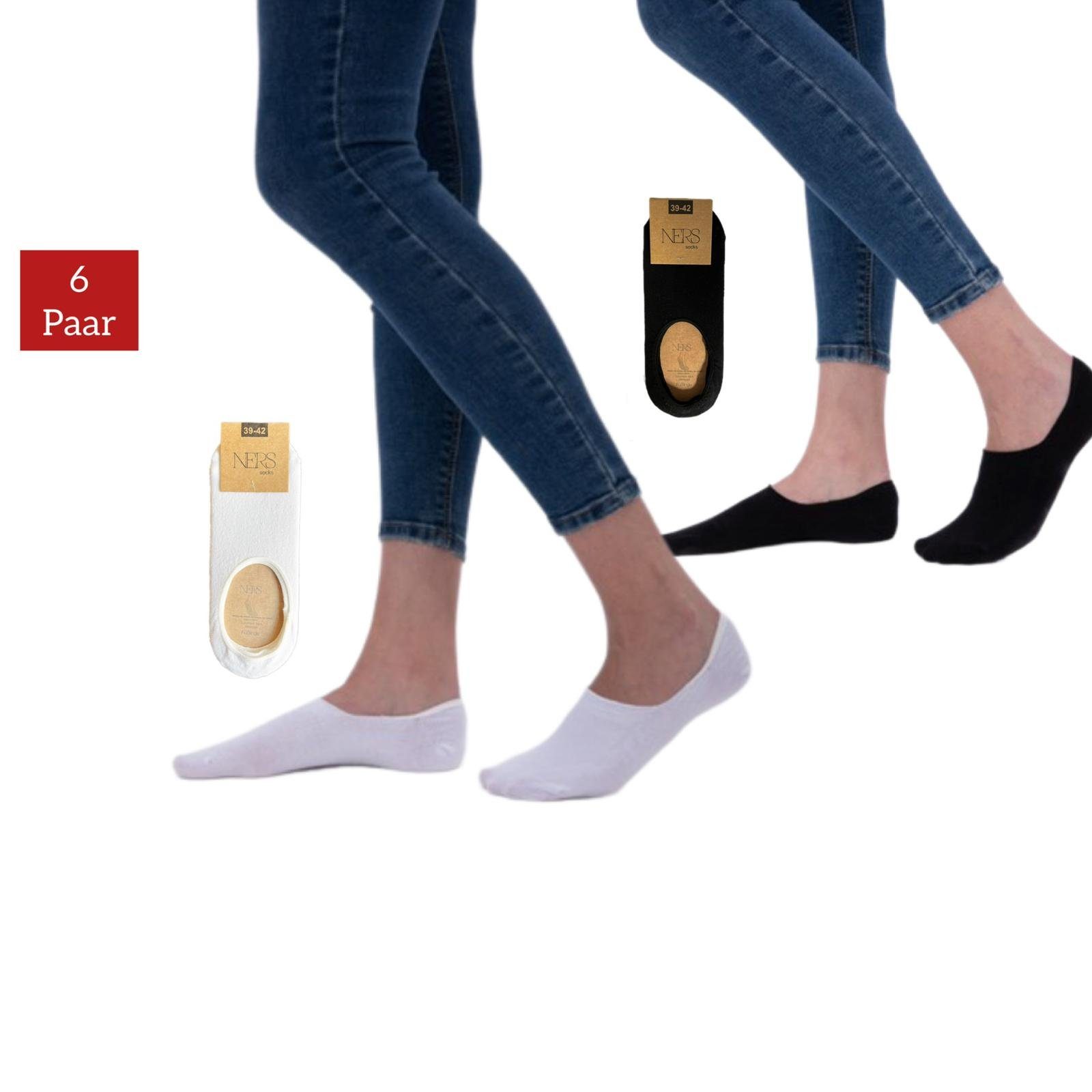 NERS Füßlinge für Damen und Herren aus gekämmter Baumwolle und ohne drückende Naht (6-Paar) Rutschfest und unsichtbar im Schuh