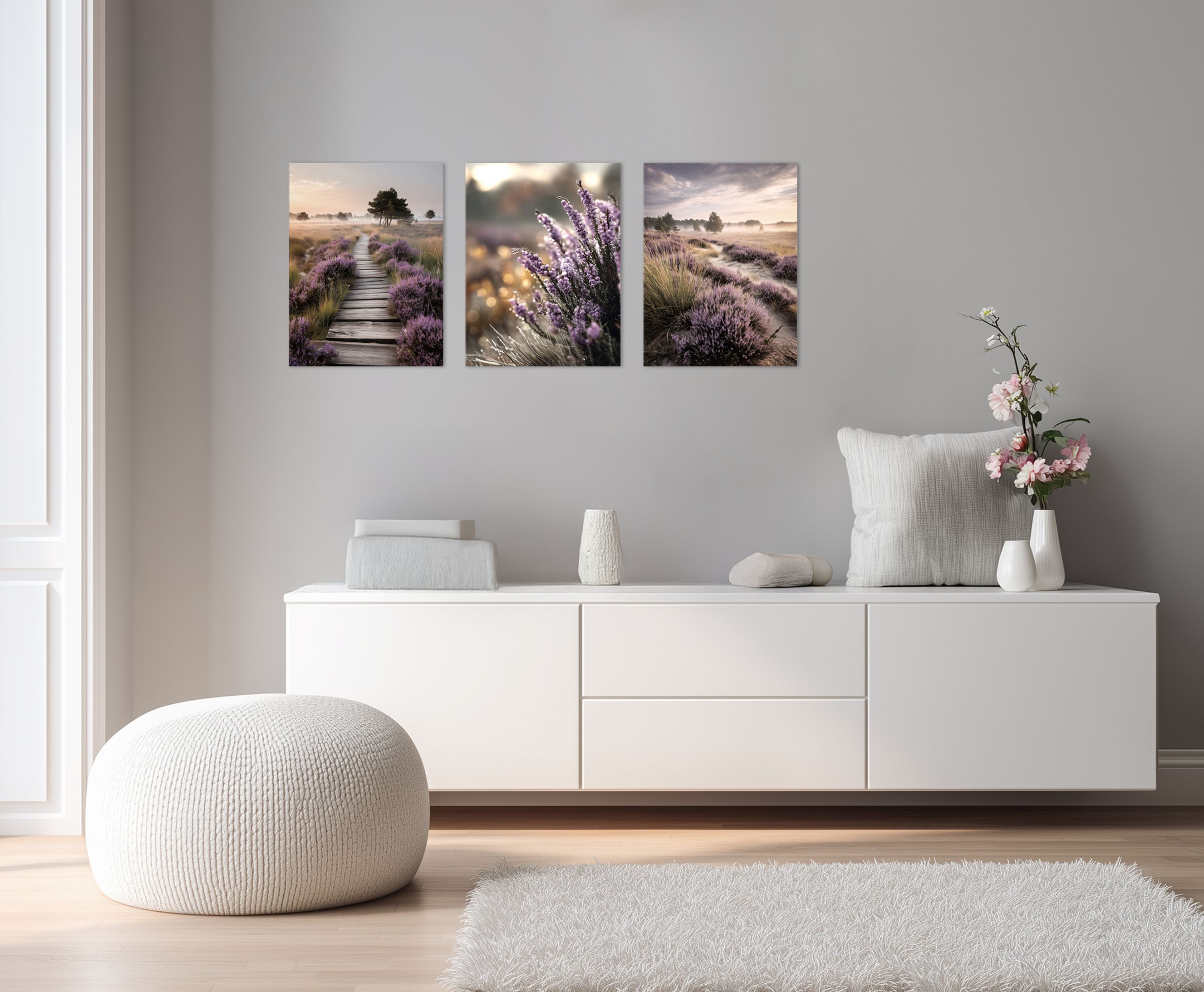 artissimo Mehrteilige Bilder Wandbilder-Set 3er-Set / natürliche Wanddeko / Wohnzimmer, Landschaft: Heidelandschaft mit lila Blüten in beige flieder