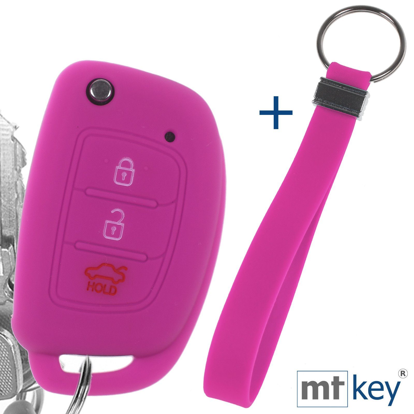 mt-key Schlüsseltasche Autoschlüssel Silikon Schutzhülle im Wabe Design Pink + Schlüsselband, für Hyundai i10 i20 ix25 ix35 i40 Accent Tucson 3 Knopf Klappschlüssel
