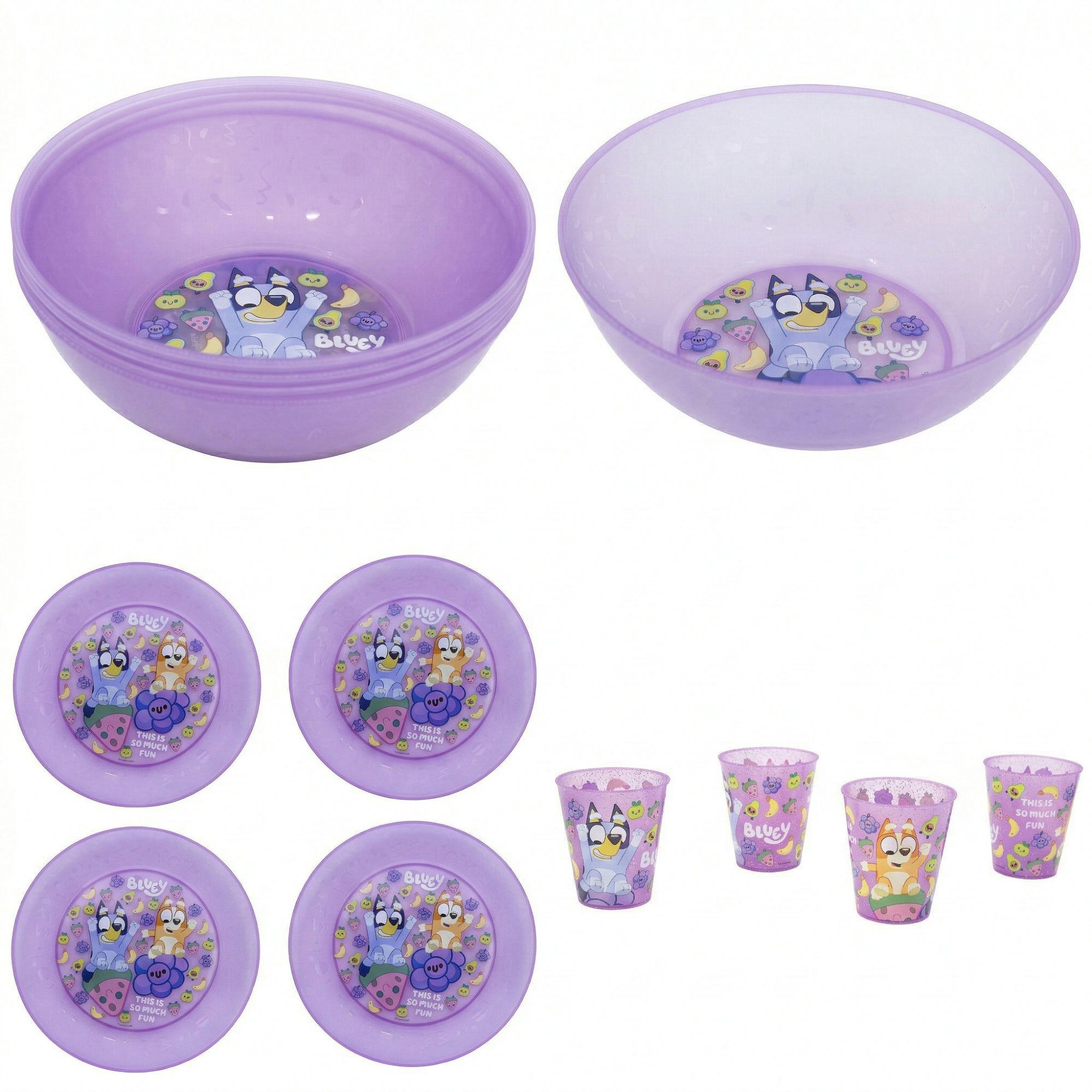 Bluey Kindergeschirr-Set Bluey Bingo Kinder Geschirr-Set 12 teilig Becher Teller Schüssel (12-tlg), 4 Personen