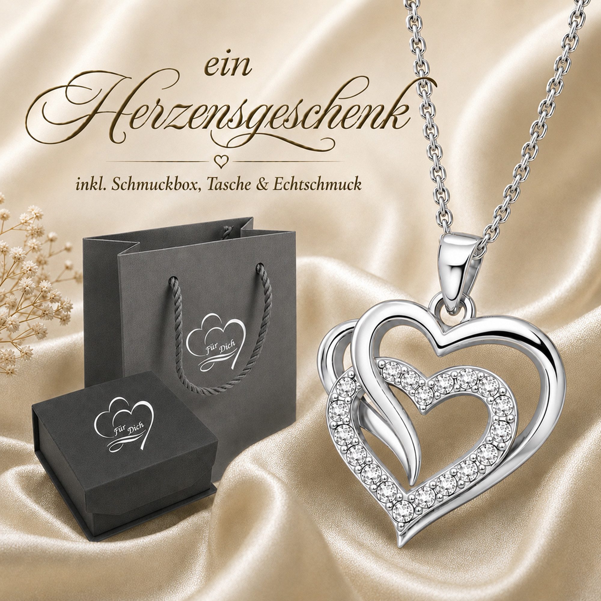 Limana Herzkette Ich liebe Dich Damen Kette mit Herz Anhänger 925 Silber gold vergoldet (Schmuck Geschenk für Freundin Frau inkl. Dose und Tasche), Jahrestag Geburtstag Weihnachten Valentinstag Hochzeitstag Muttertag
